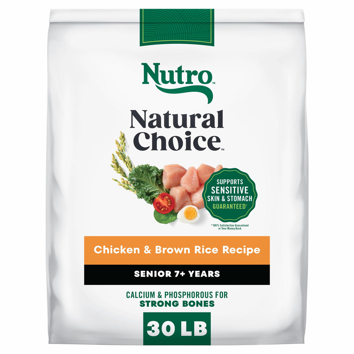 Nutro emballage devant poulet et riz brun montrant la recette pour seniors