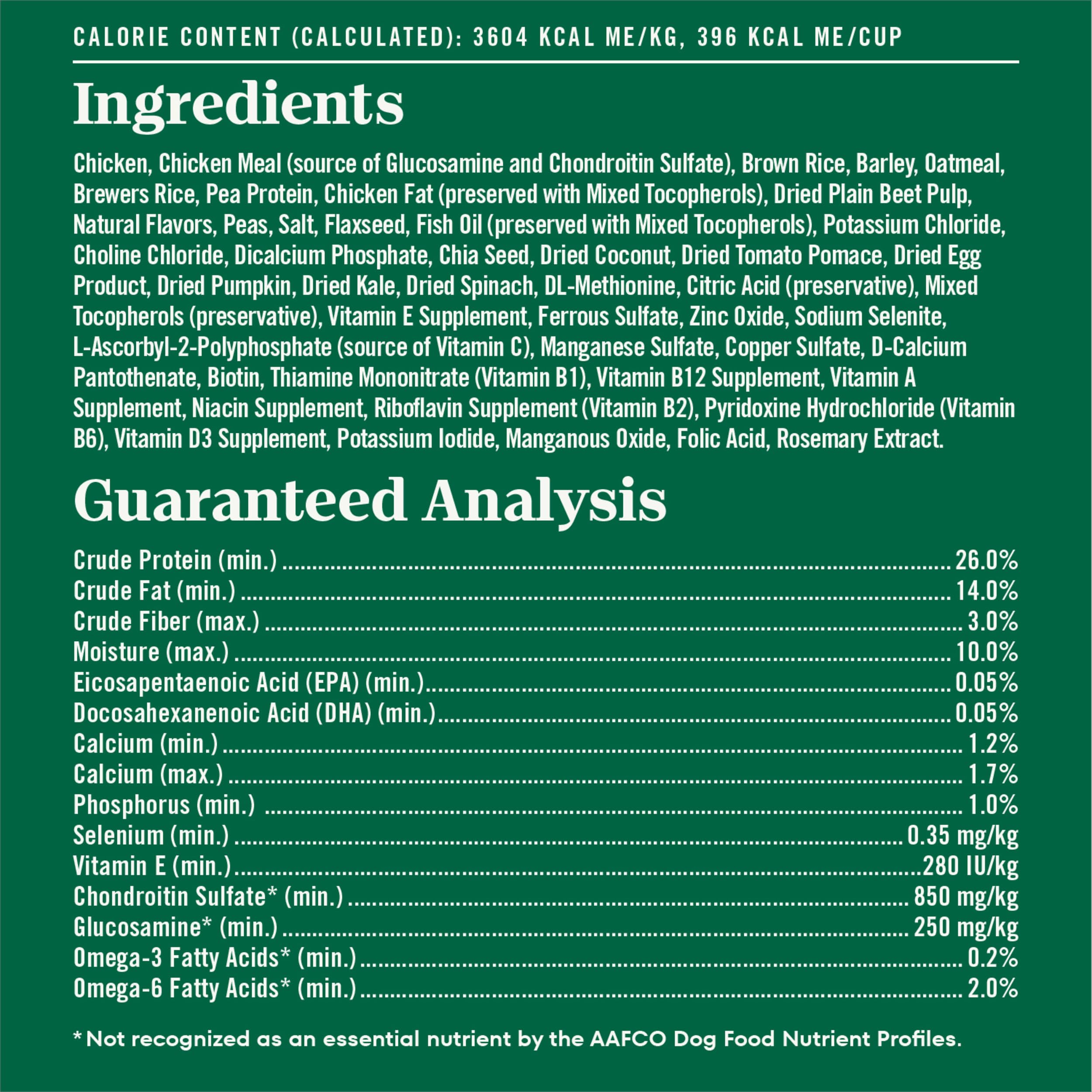Nutro étiquette nutritionnelle montrant vitamines, minéraux et DHA