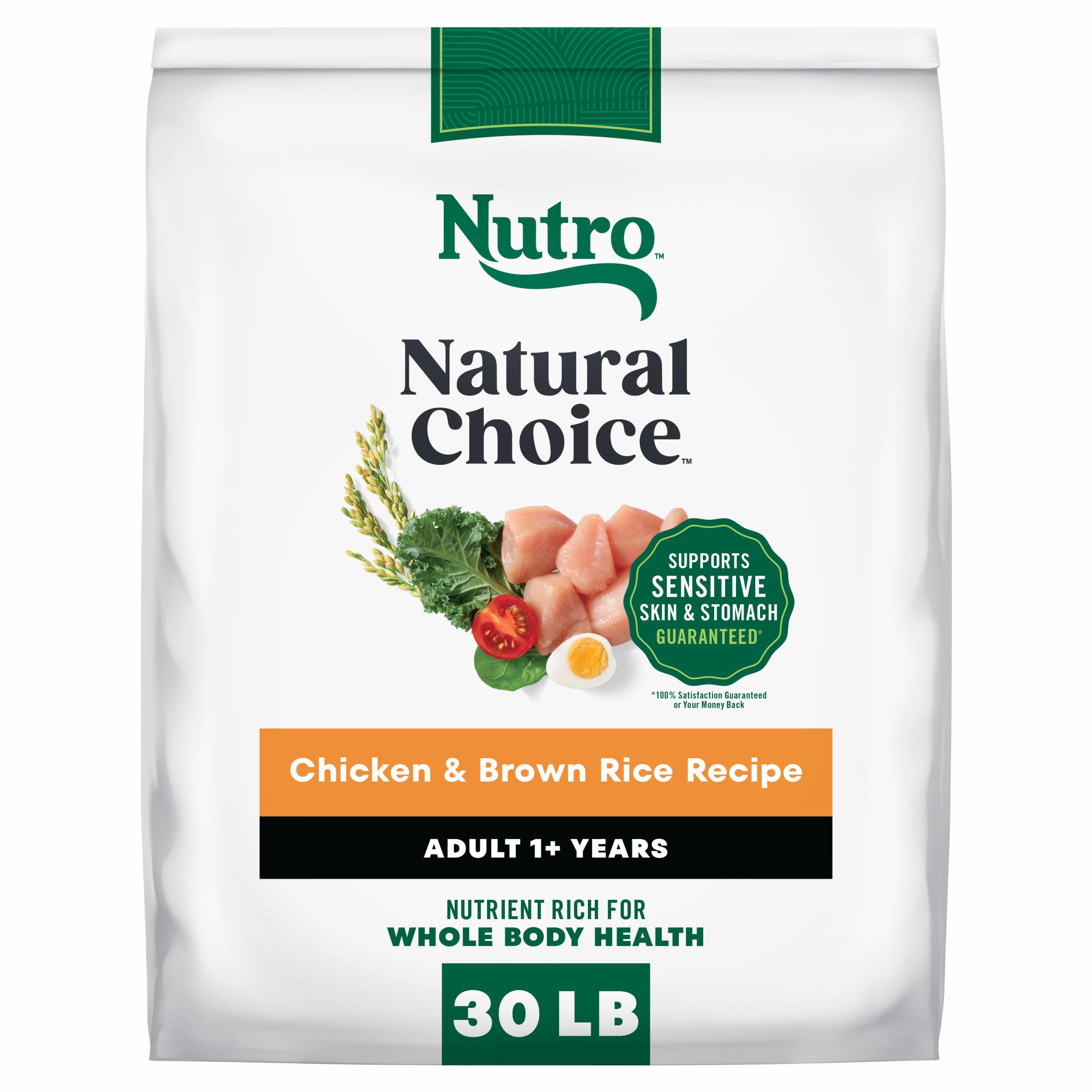 Nutro paquet avant poulet et riz brun montrant formulation naturelle et appétence
