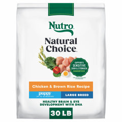 Nutro paquet avant Puppy Large montrant informations produit et bénéfices