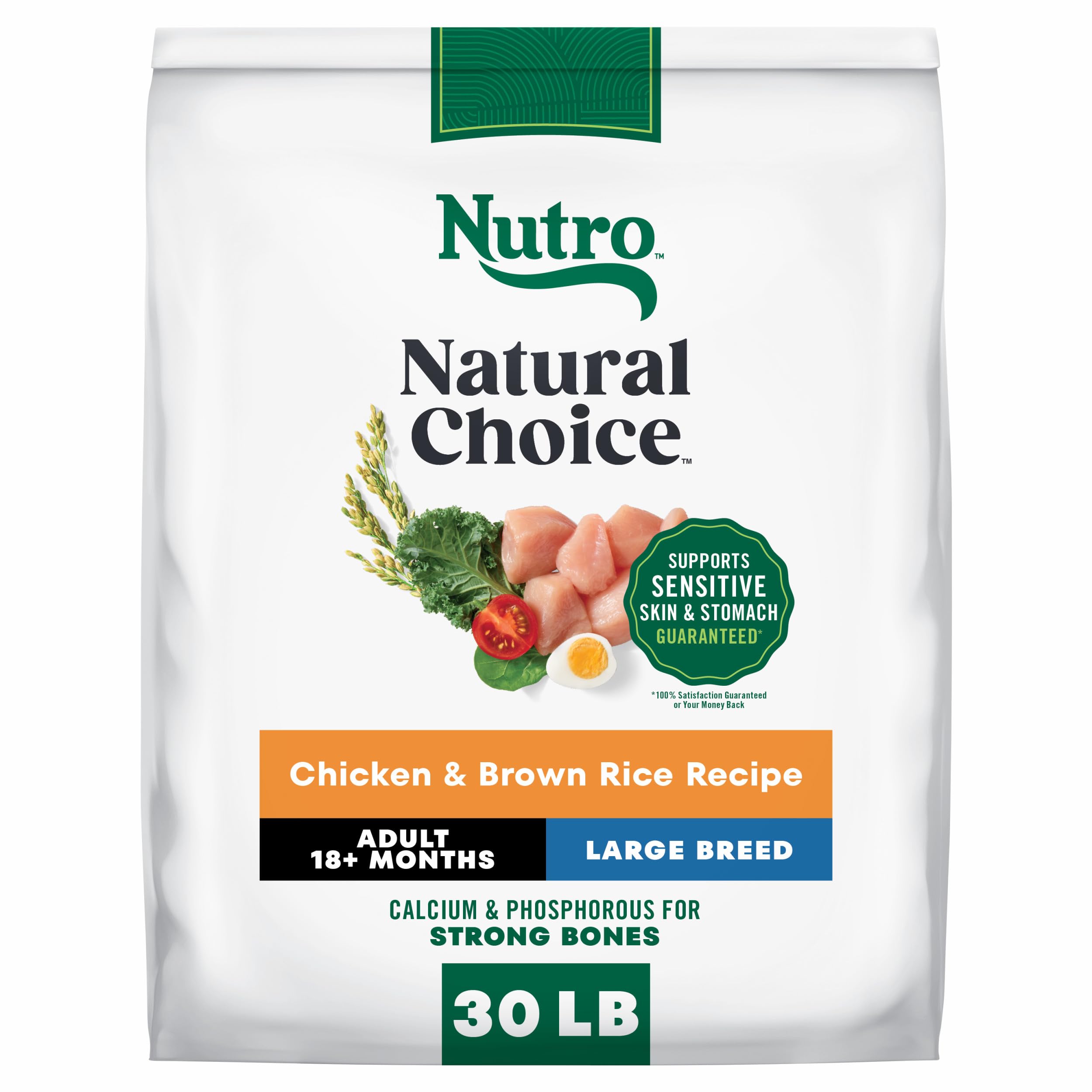 Nutro emballage face montrant recette poulet et riz brun, alimentation naturelle