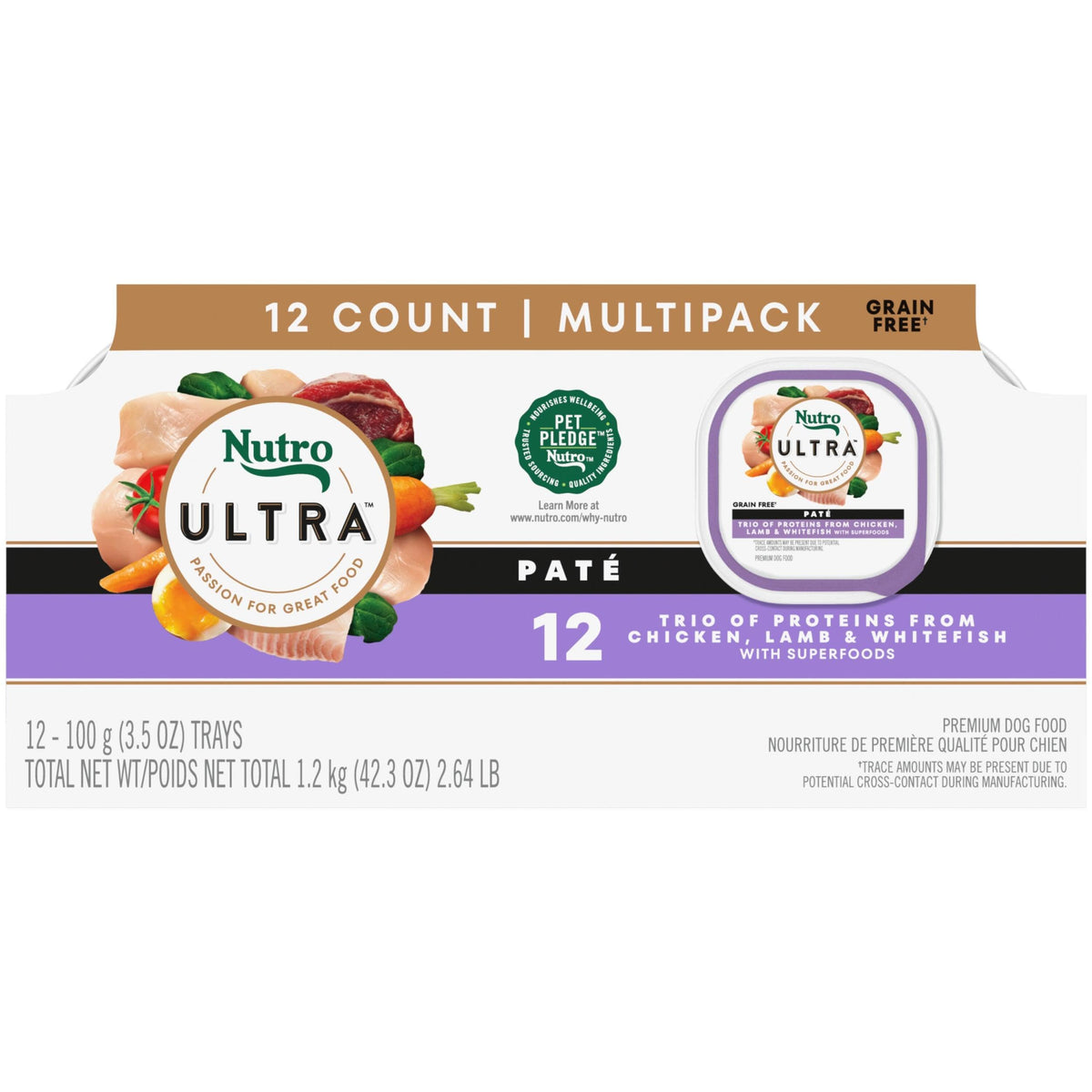 Nutro Ultra emballage avant montrant le trio protéiné et bénéfice nutritif