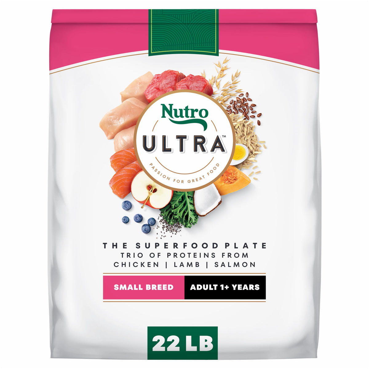 Nutro emballage face montrant la recette et le format 22 lb bénéfice clarté