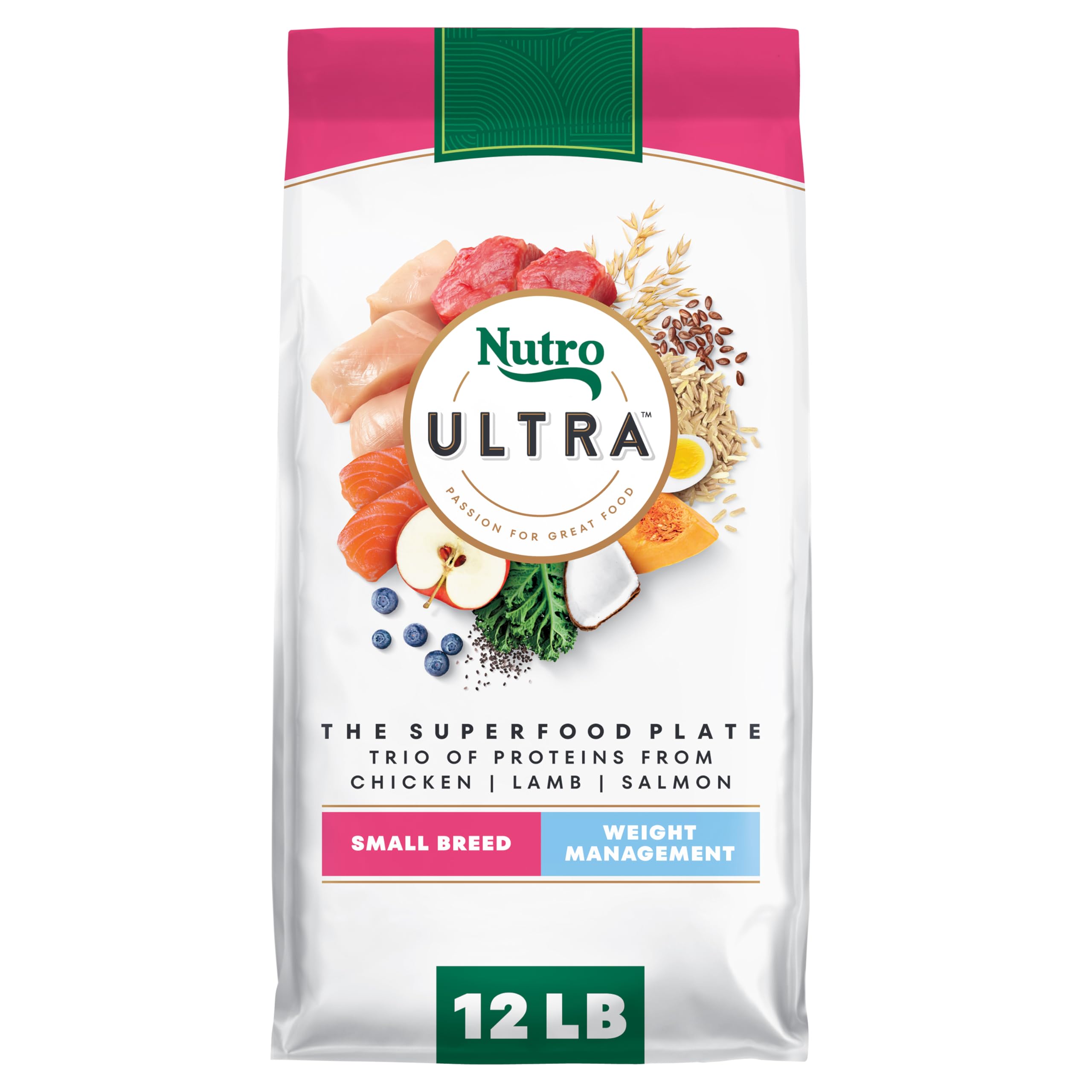 Nutro Ultra emballage avant montrant 12 lb et gestion du poids