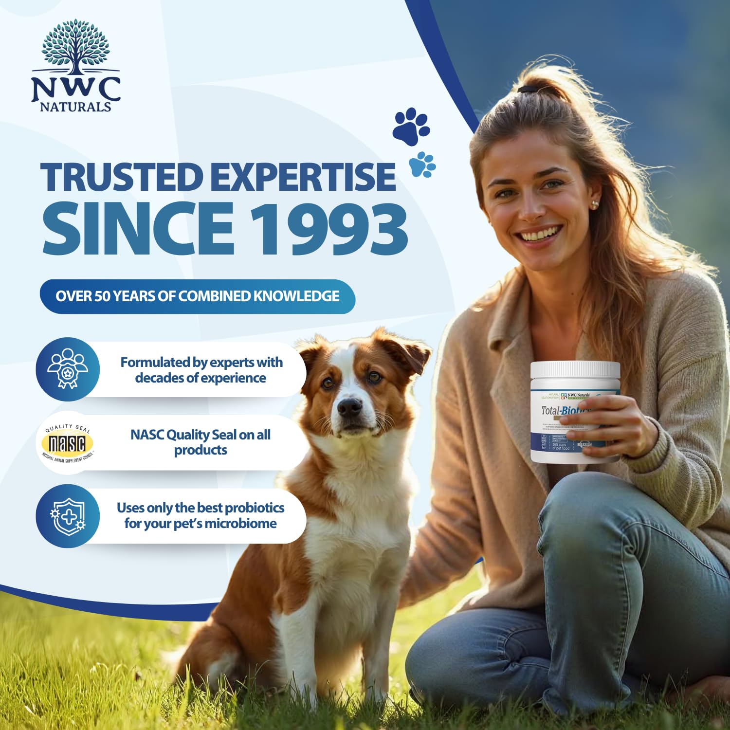 NWC Naturals Total-Biotics ajouté à la gamelle d'un chien pour meilleure digestion