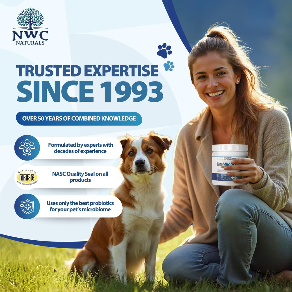 NWC Naturals Total-Biotics ajouté à la gamelle d'un chien pour meilleure digestion