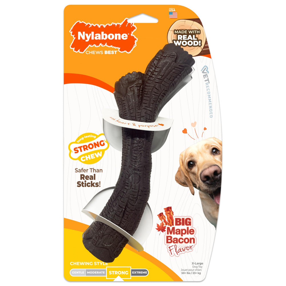 Nylabone bâton face emballage montrant robustesse et saveur bacon