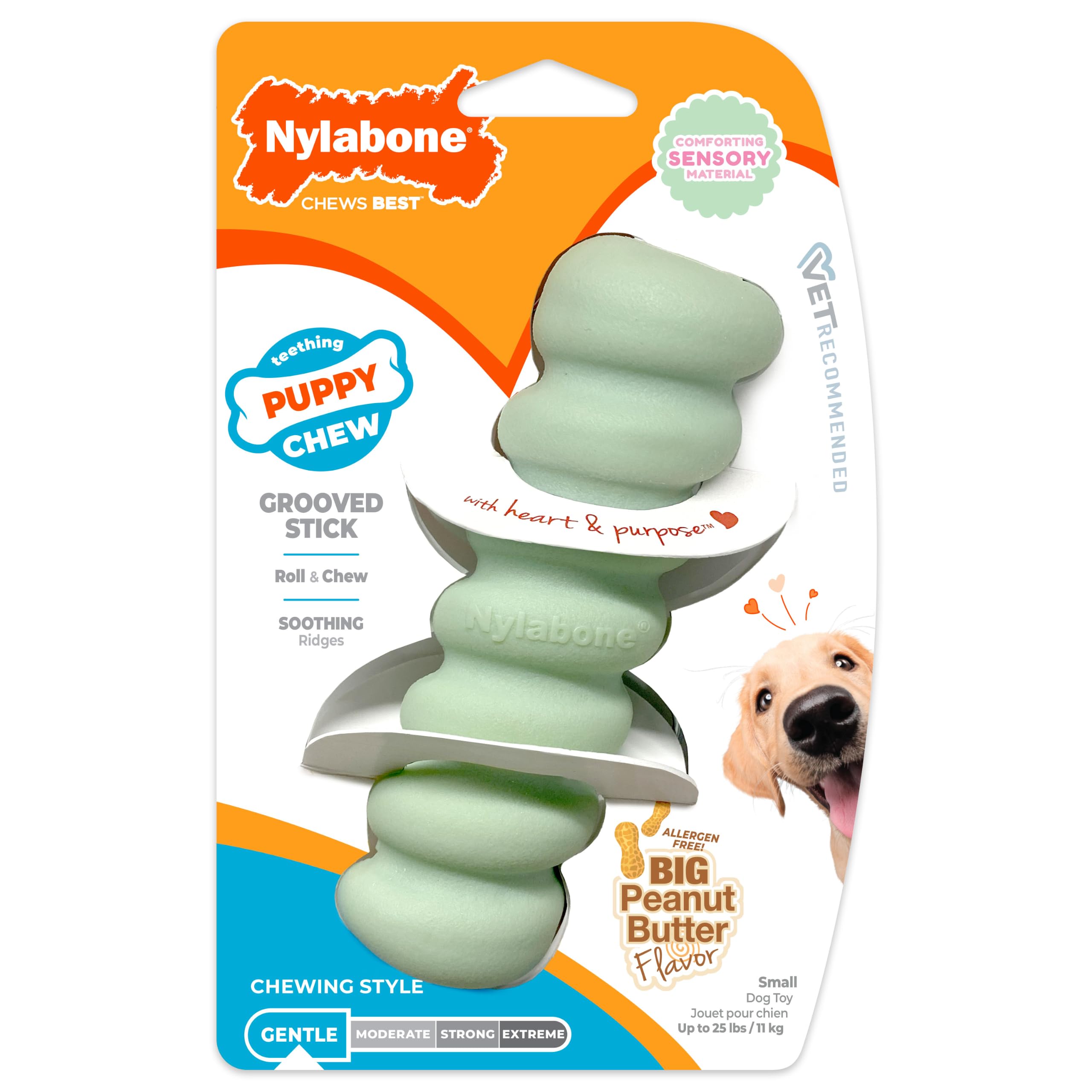 Nylabone bâtonnet rainuré emballage avant montrant produit et bénéfice apaisant