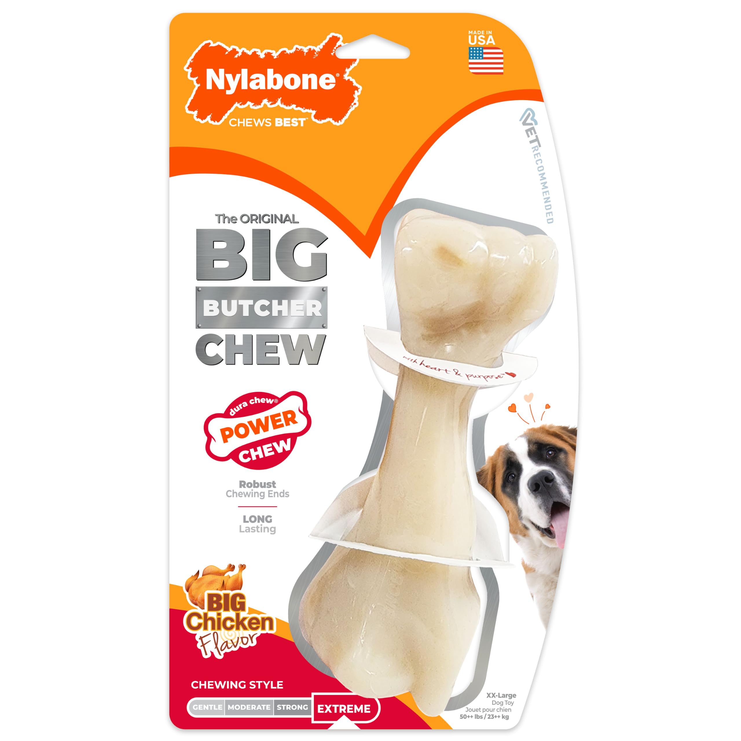 Nylabone emballage avant montrant taille XX-Large et saveur poulet pour durabilité