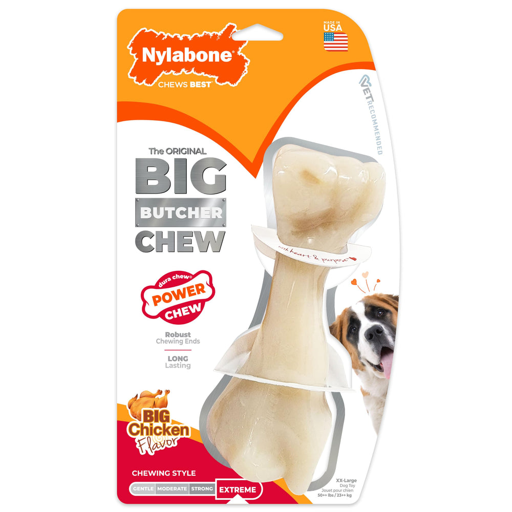Nylabone emballage avant montrant taille XX-Large et saveur poulet pour durabilité
