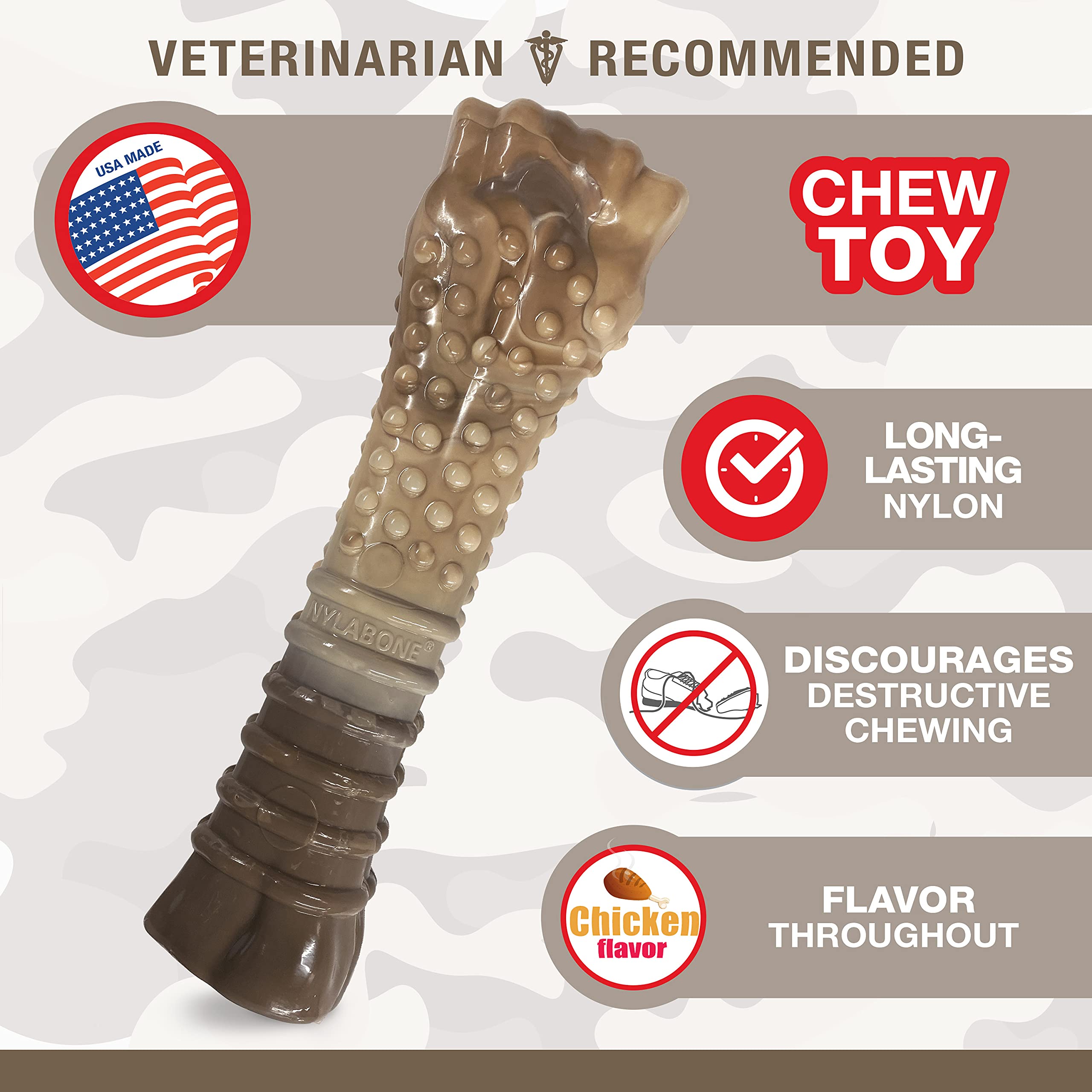 Nylabone gros plan montrant la solidité et le motif camouflage