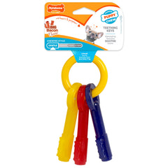 Nylabone packaging avant montrant clés pour chiot, sûre et attirante