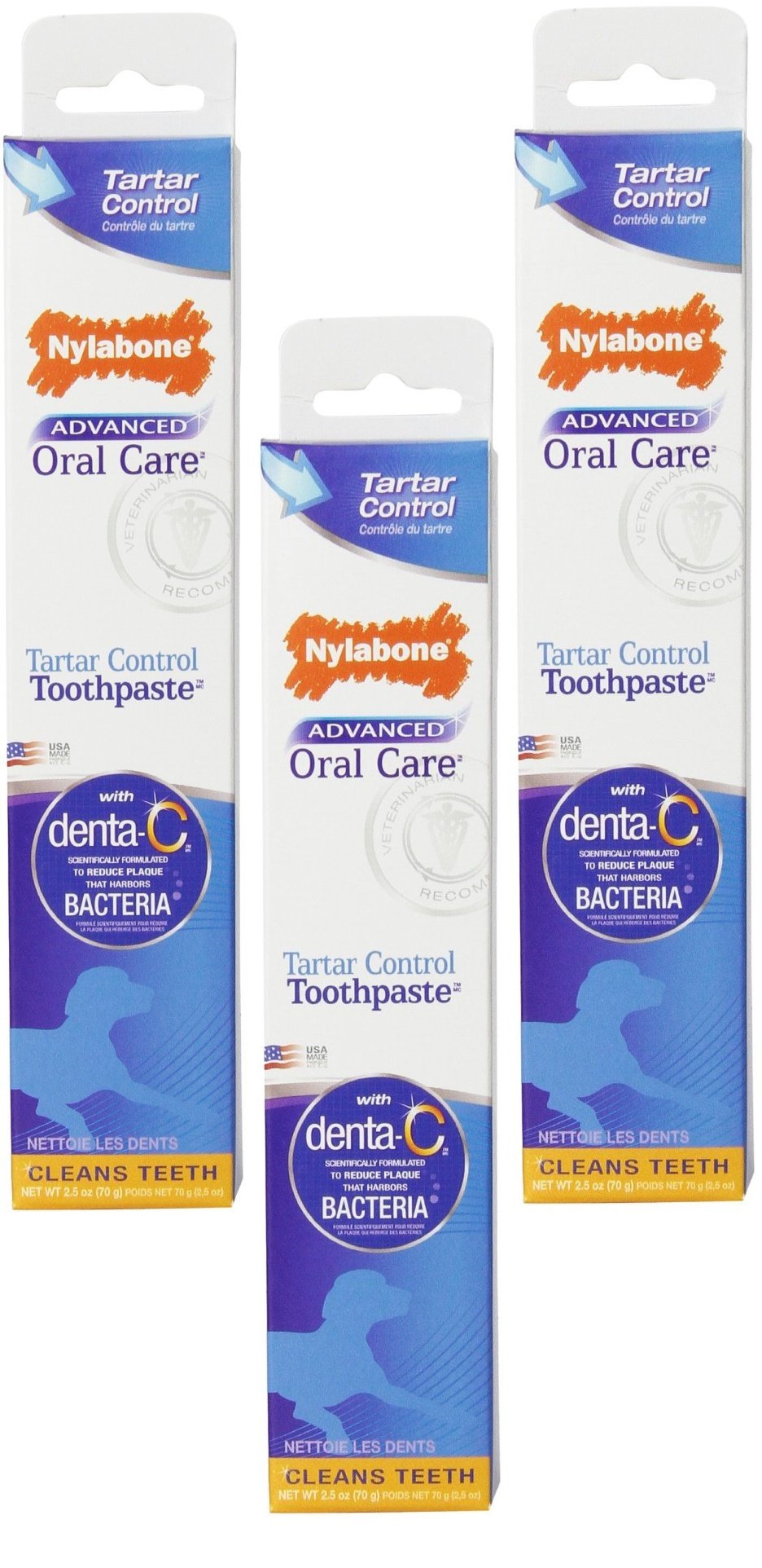 Nylabone dentifrice packaging frontal montrant lot de trois et bénéfice nettoyage