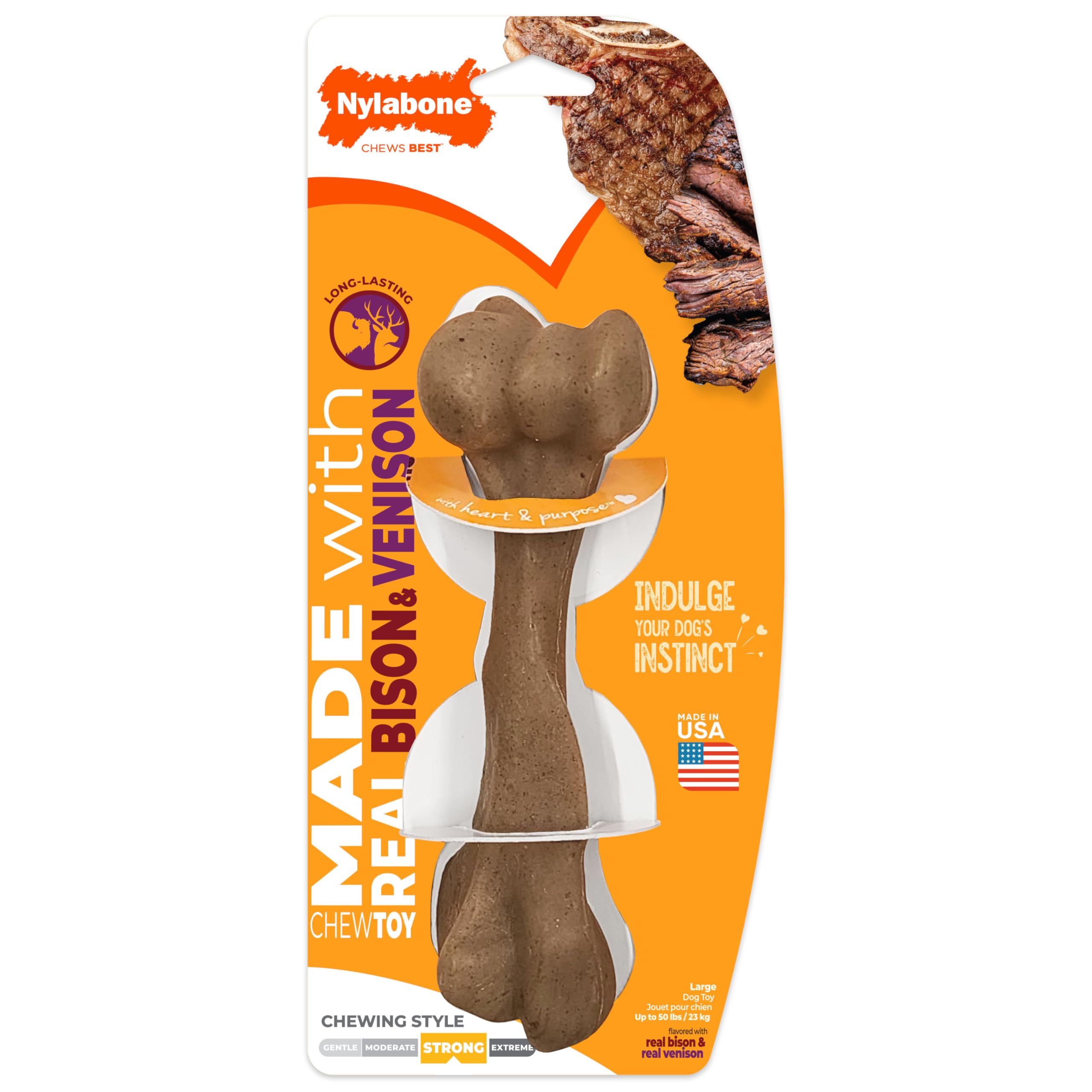 Nylabone face de l'emballage montrant l'os aromatisé et bénéfice de durabilité