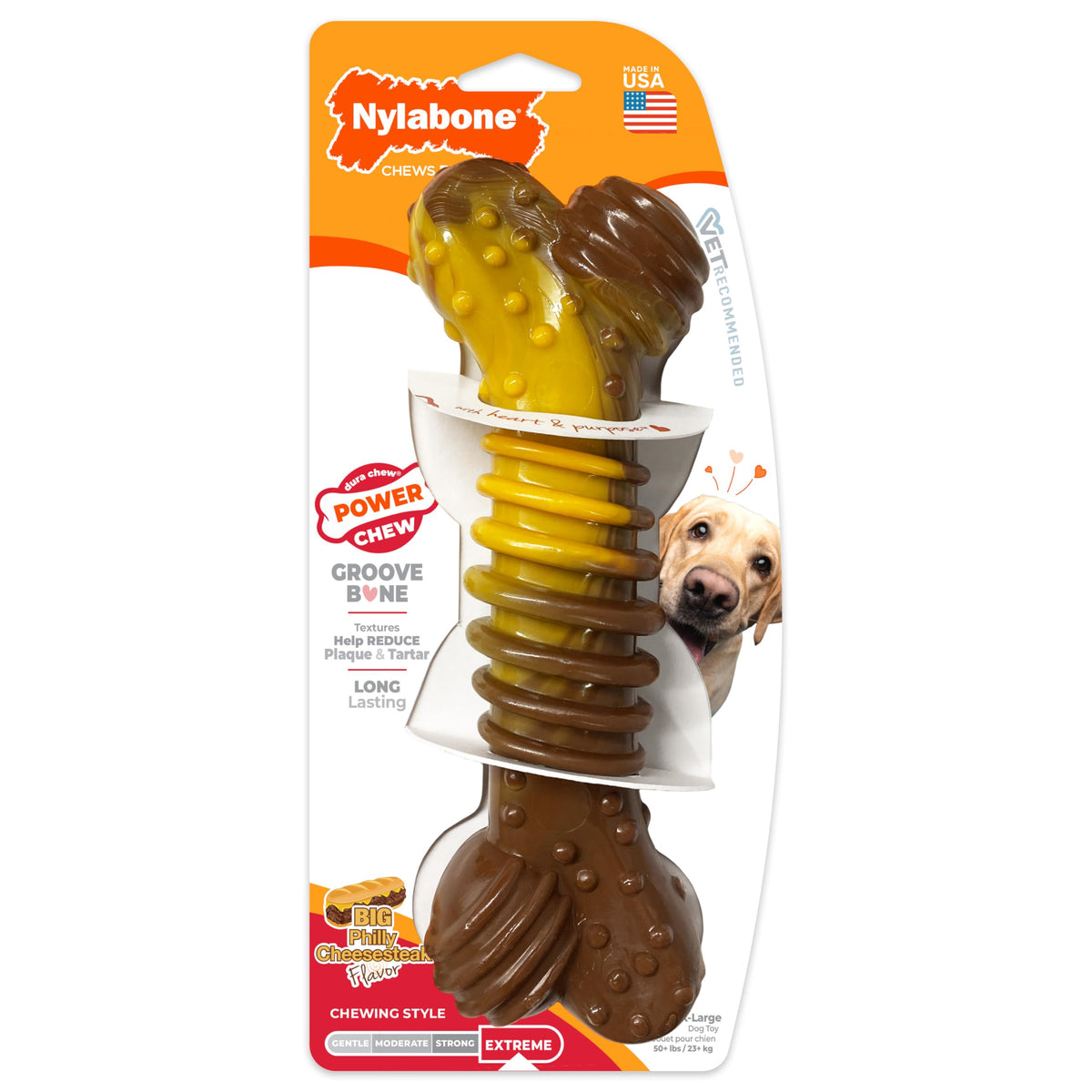 Nylabone face avant montrant la forme durable et les rainures pour dents