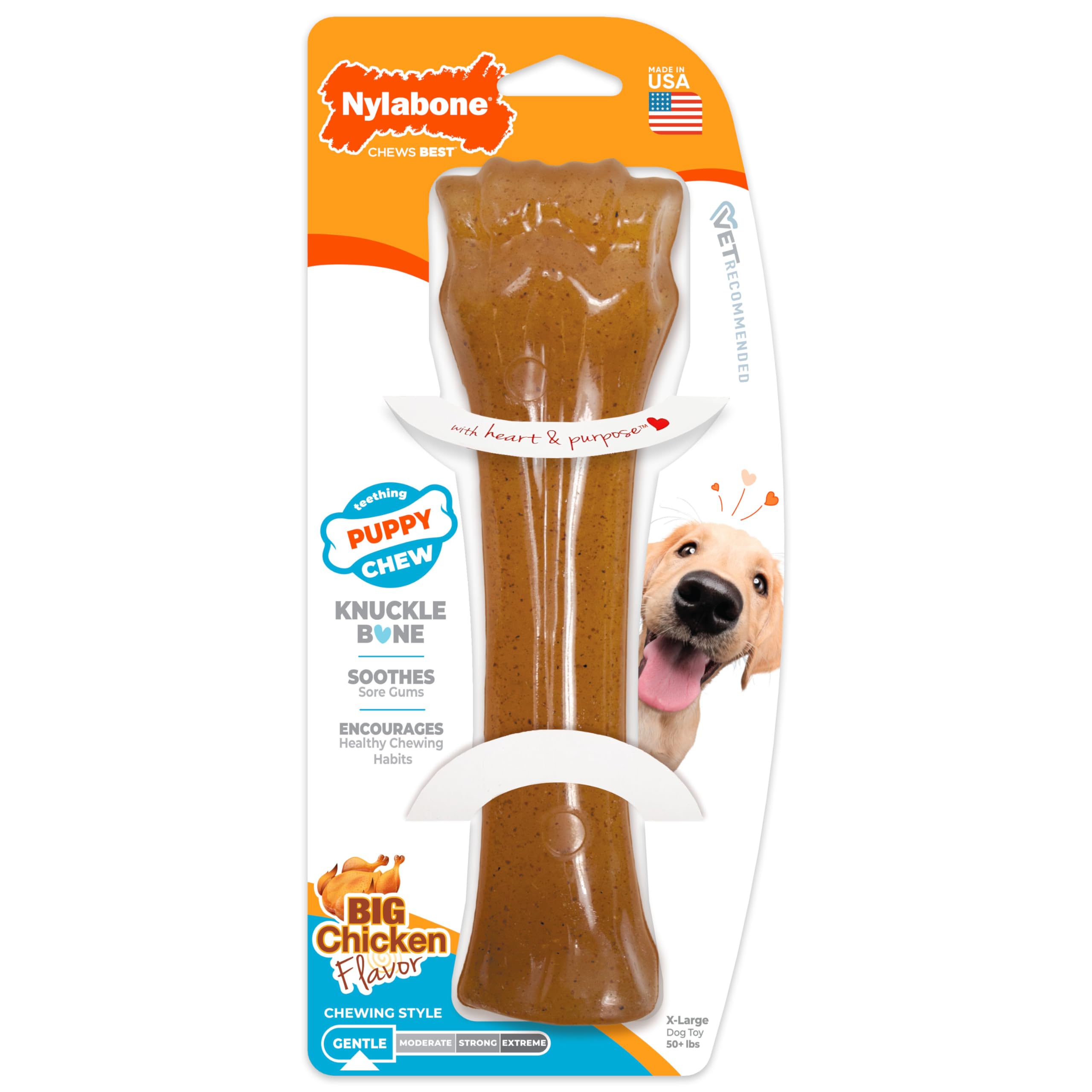 Nylabone face emballage montrant le jouet et l’arôme poulet bénéfique