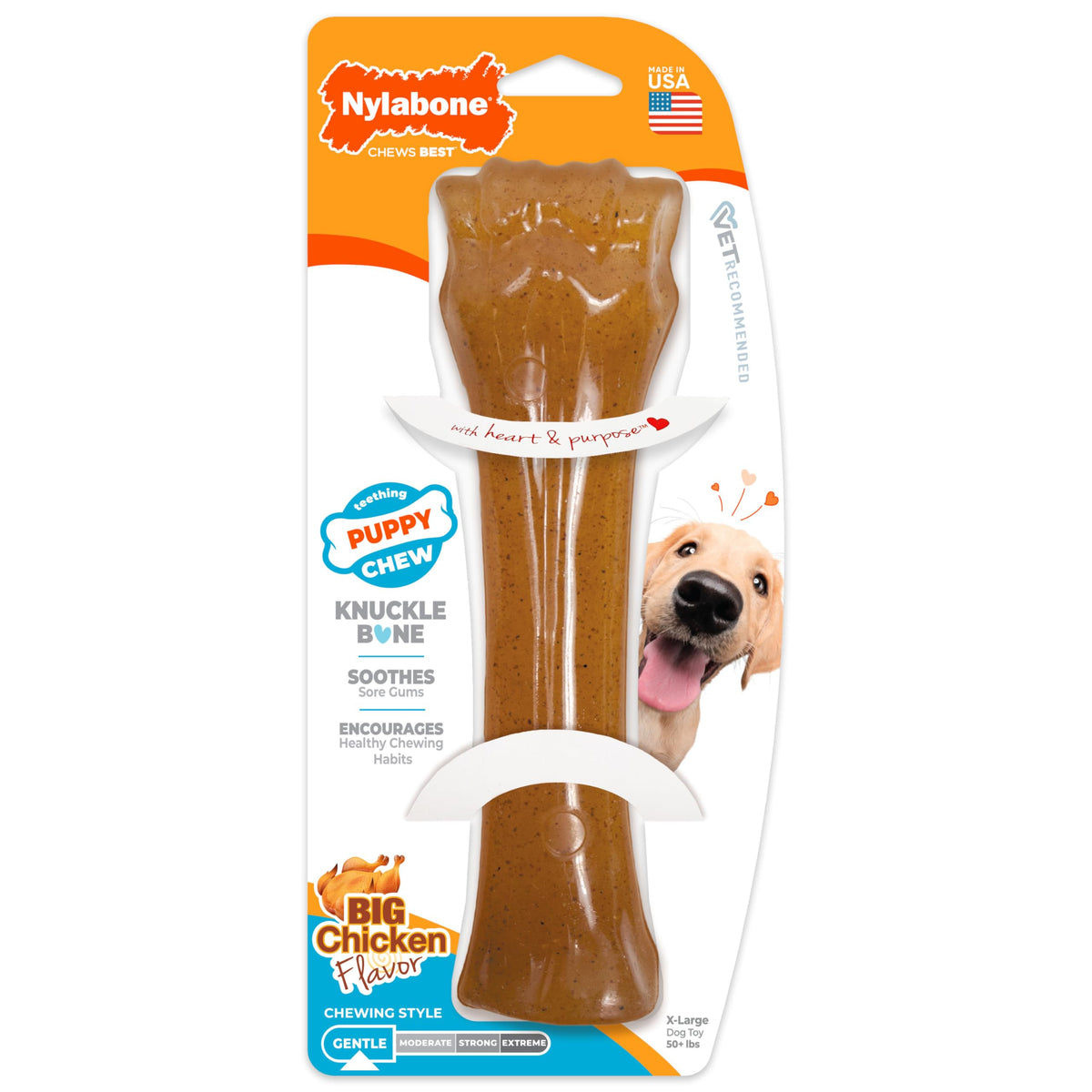Nylabone face emballage montrant le jouet et l’arôme poulet bénéfique