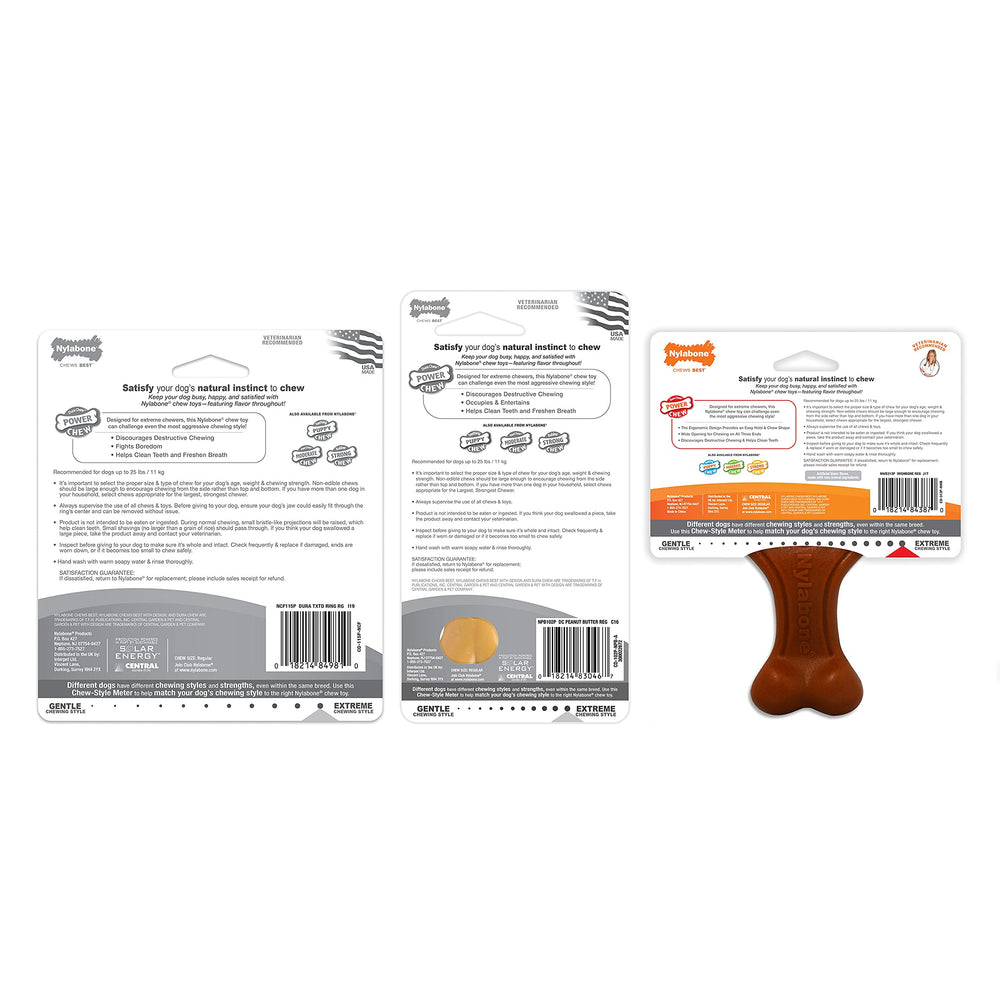 Nylabone étiquette montrant arômes intégrés et composition durable