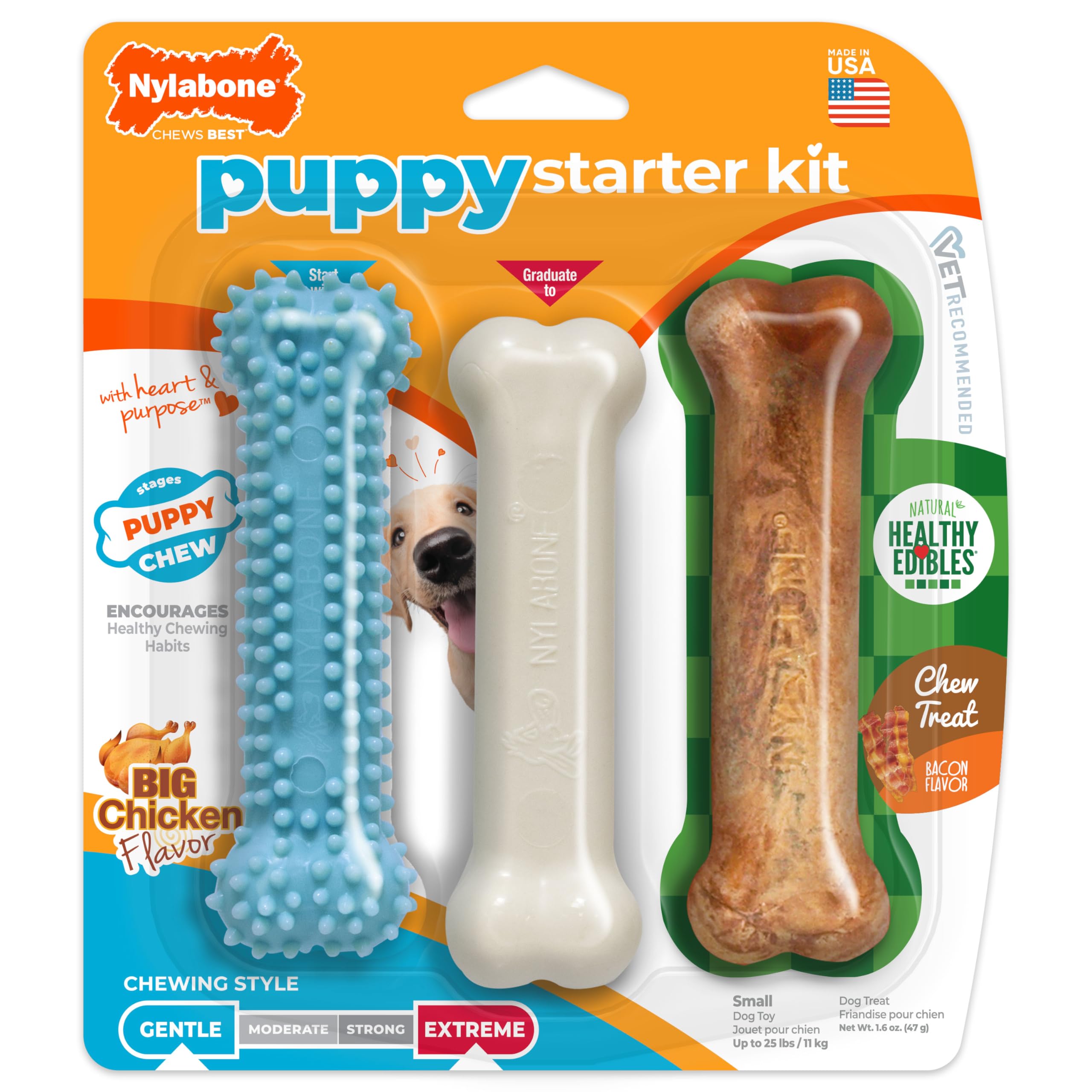 Nylabone coffret avant montrant les trois jouets et l'attrait saveur poulet