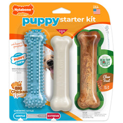 Nylabone coffret avant montrant les trois jouets et l'attrait saveur poulet