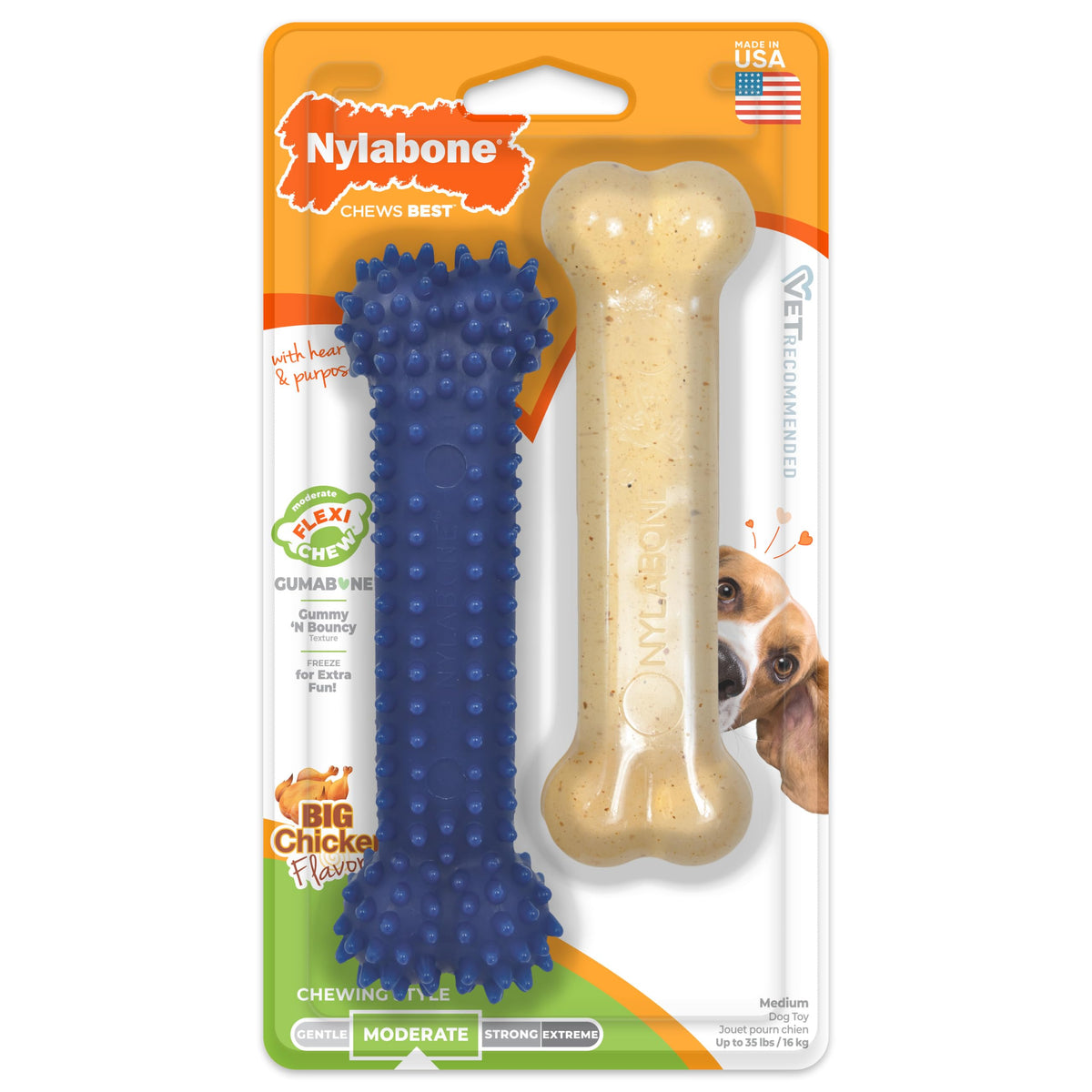 Nylabone emballage recto montrant le pack et le goût poulet