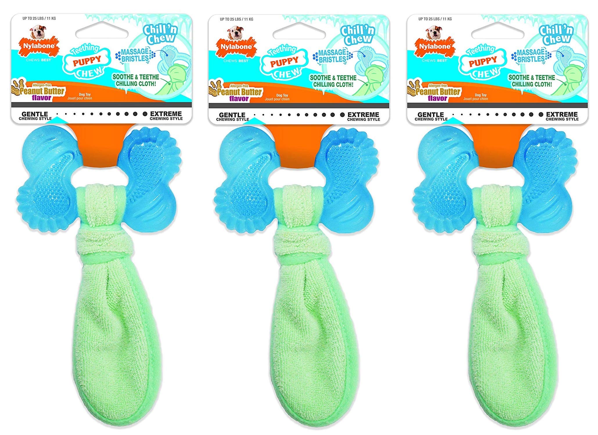 Nylabone front montrant le lot de trois jouets et bénéfice apaisant pour chiots
