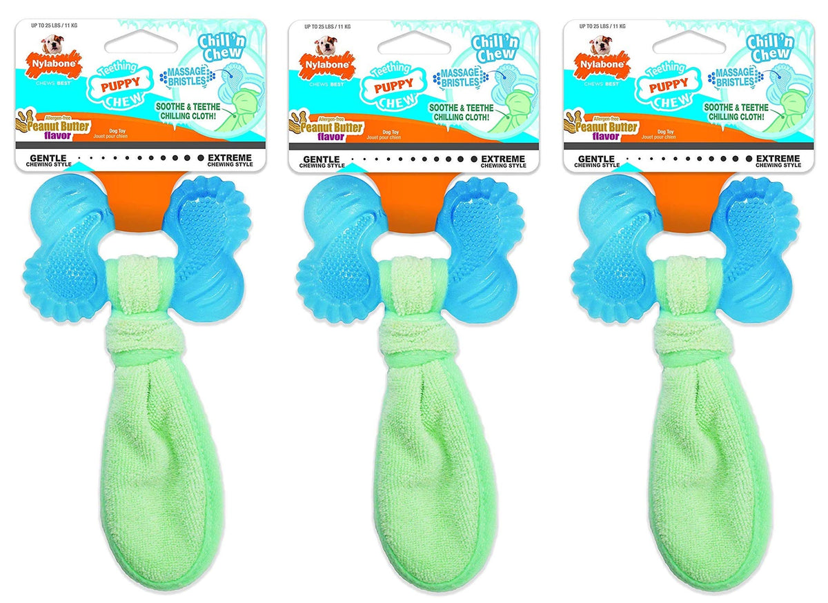 Nylabone front montrant le lot de trois jouets et bénéfice apaisant pour chiots