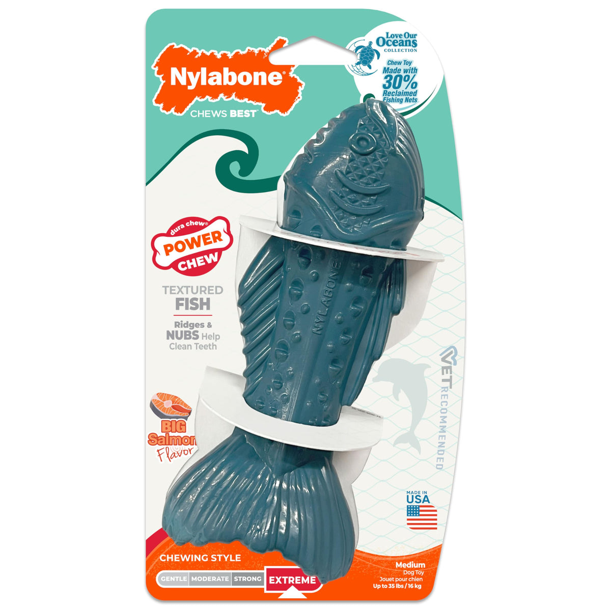 Nylabone vue avant du jouet poisson en emballage montrant résistance