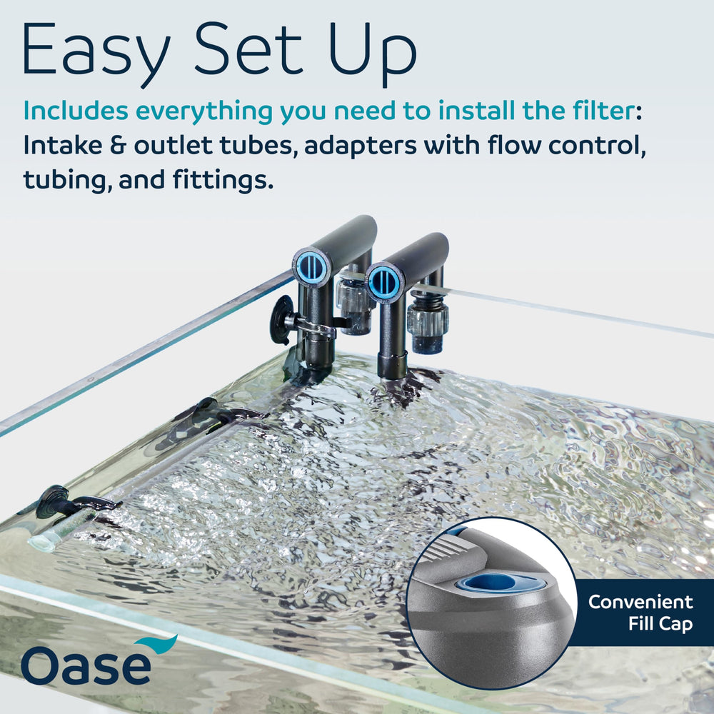 OASE Filtosmart Thermo 100 installé près d'un aquarium illustrant gain d'espace et propreté