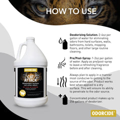 Gros plan étiquette Odorcide indiquant instructions et parfum abricot