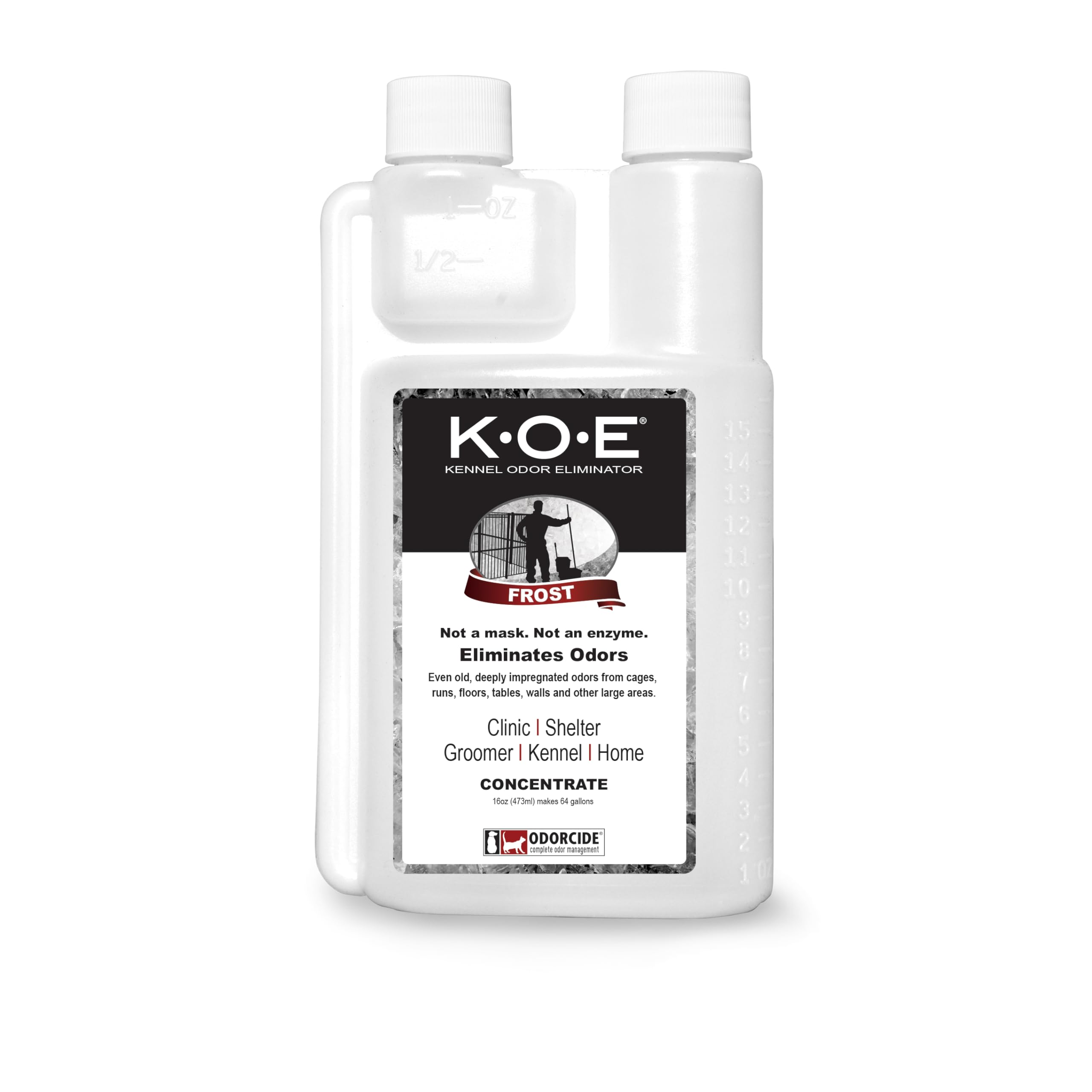 Odorcide K.O.E flacon 16 oz en vue frontale montrant l'étiquette et l'usage professionnel