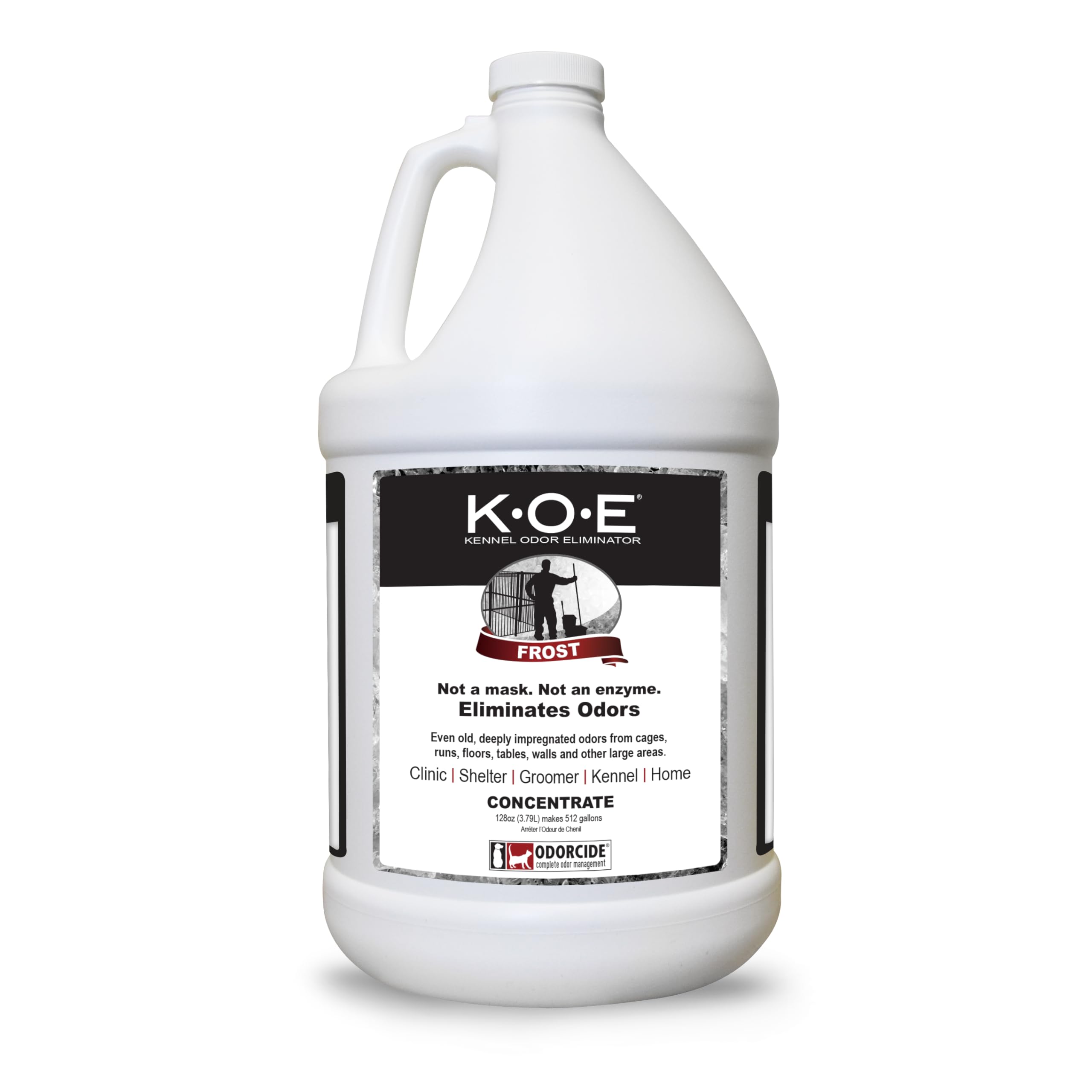 Odorcide KOE Frost flacon 128 oz montrant l'étiquette et l'emballage, efficacité professionnelle