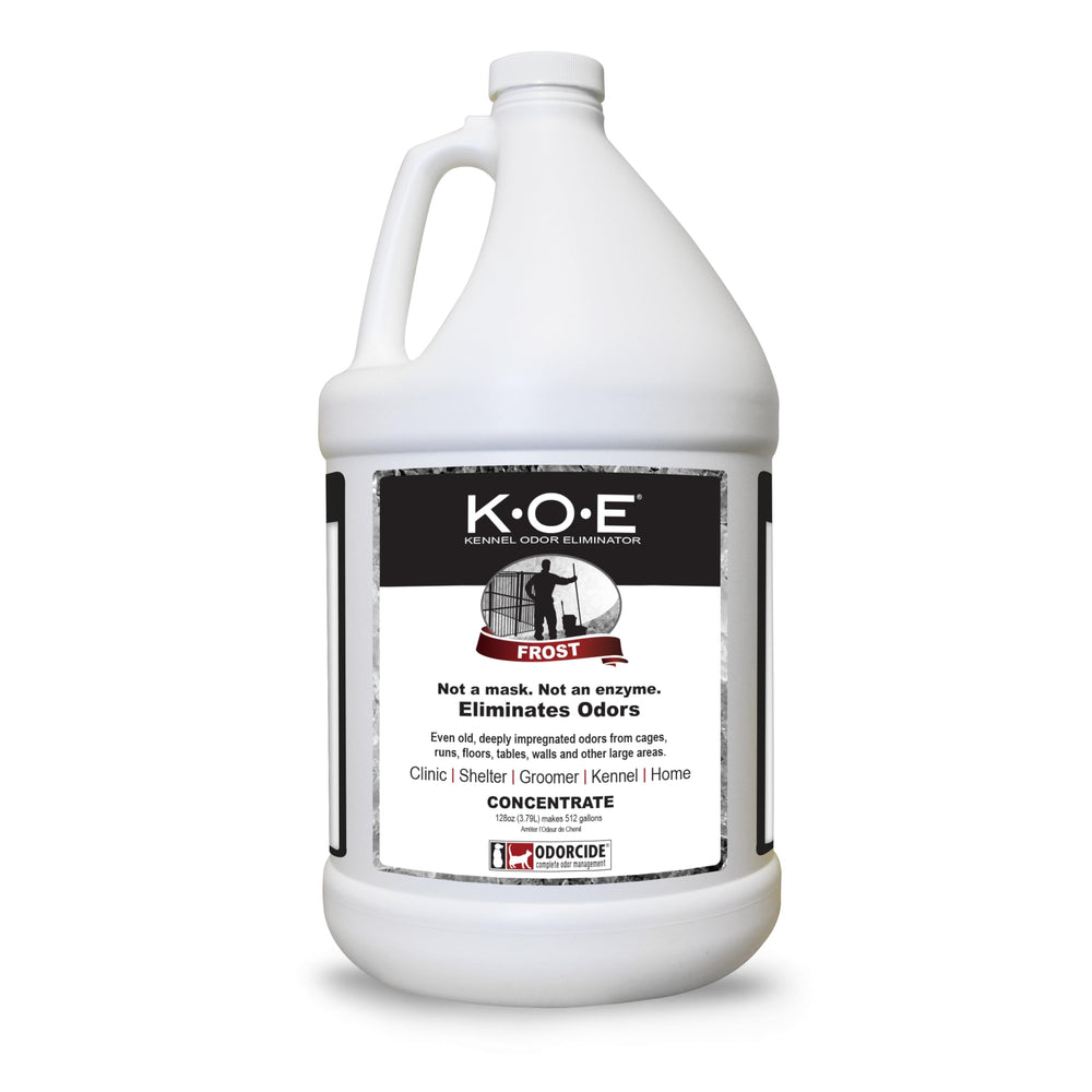 Odorcide KOE Frost flacon 128 oz montrant l'étiquette et l'emballage, efficacité professionnelle