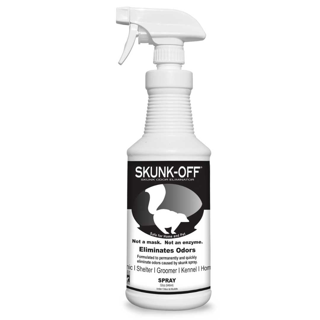 Odorcide Skunk Off flacon 32 oz face avant montrant l'étiquette professionnelle et l'usage domestique