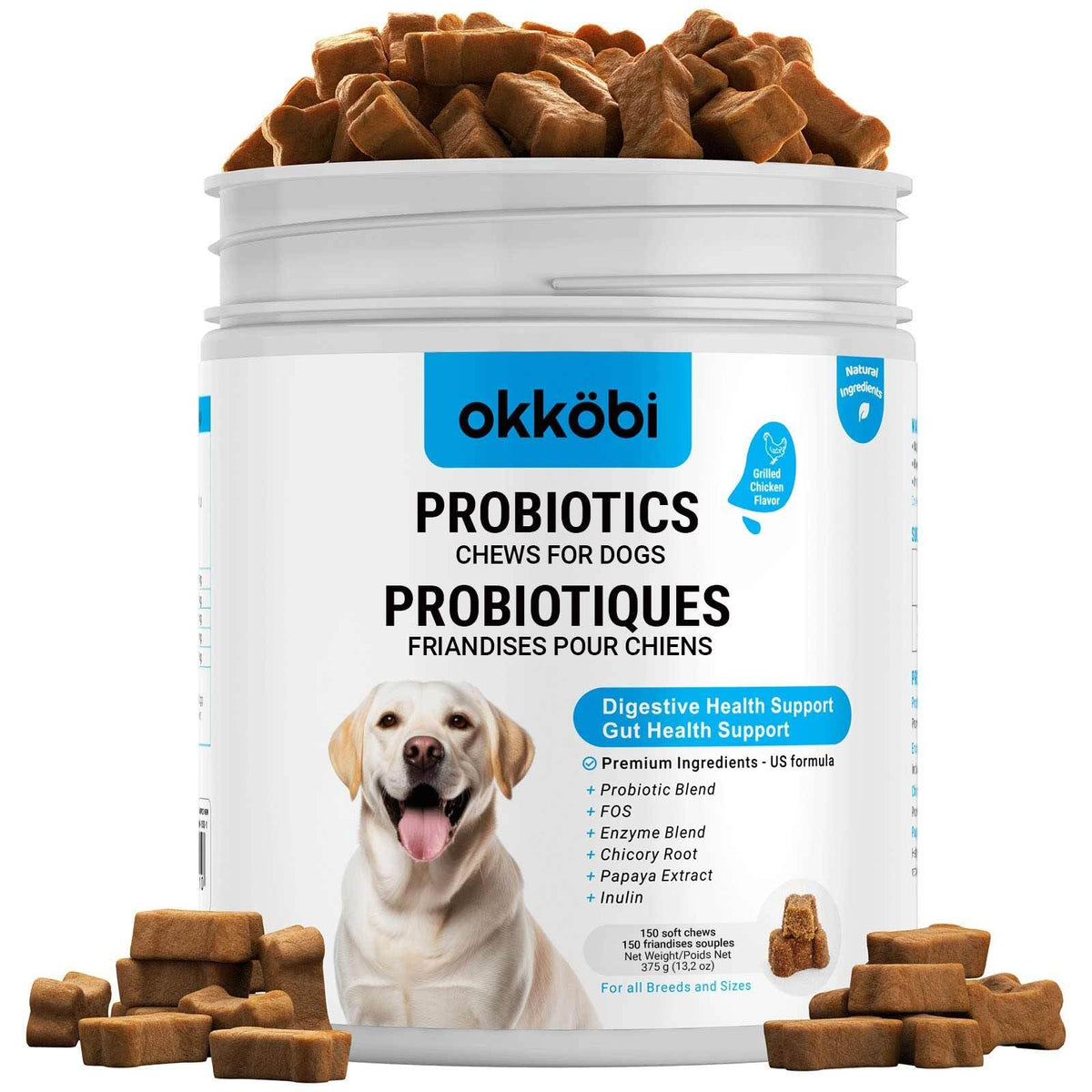 OKKÖBI emballage face poulet 150 unités montrant praticité et dosage