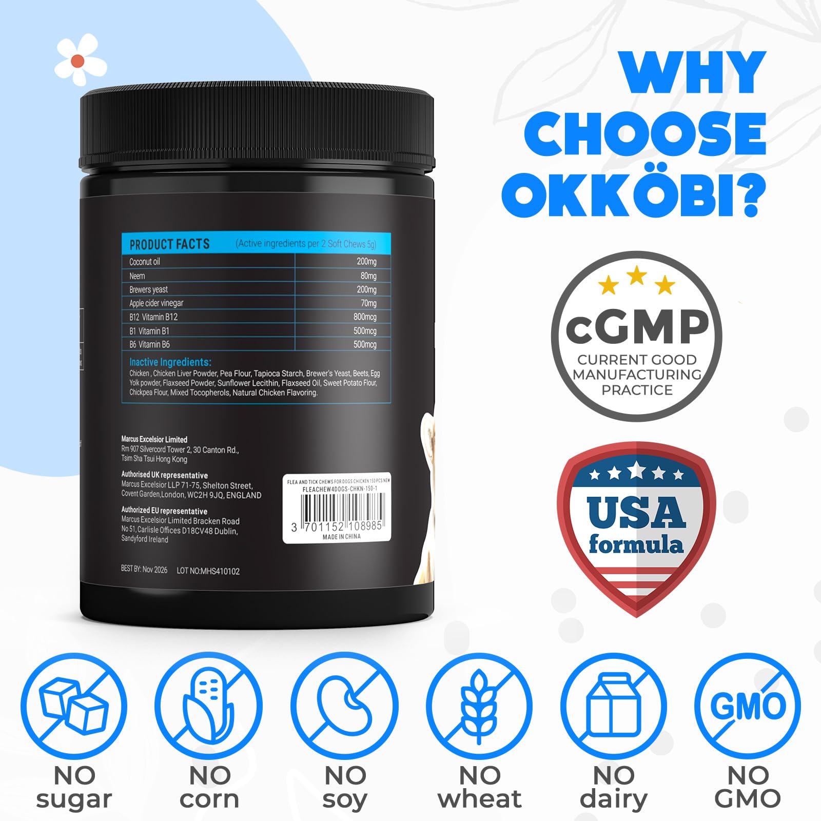 OKKÖBI gros plan étiquette ingrédients listant huiles, levure et vitamines B