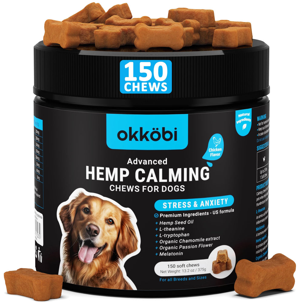 OKKÖBI pot 150 Calmings Chews posé montrant l'emballage et facilité d'usage