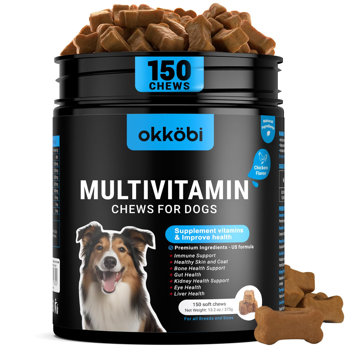 OKKÖBI pot 150 chews face montrant l'emballage et la praticité