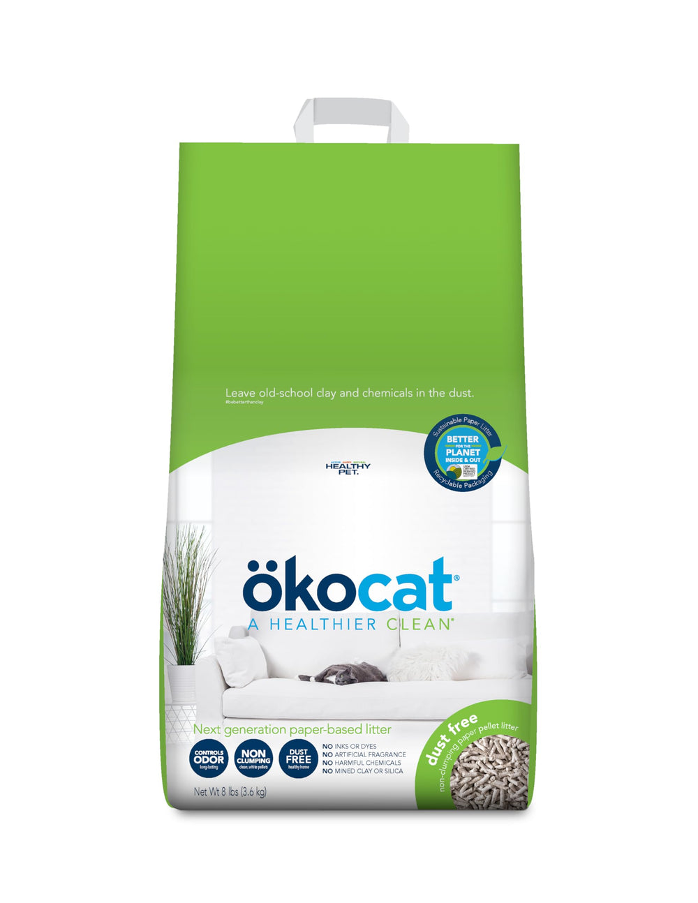 ÖKOCAT emballage 8 lb montrant sac recyclable et facilité de transport