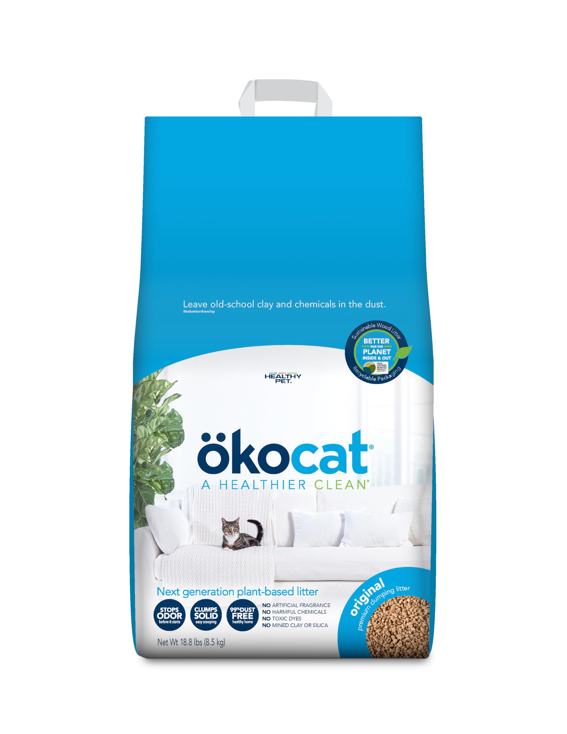 ÖKOCAT emballage face avant montrant sac recyclable et qualité écologique