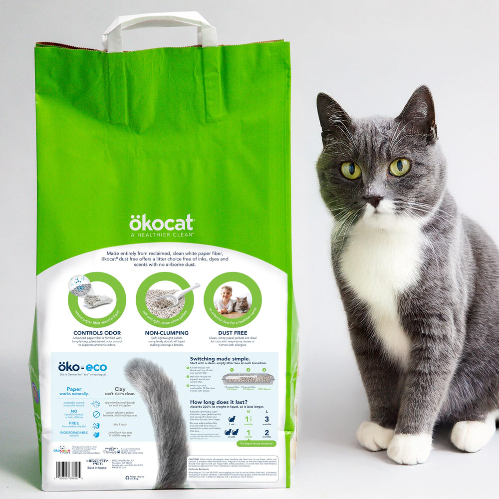 ÖKOCAT granulés dans bac à litière démontrant faible suivi autour