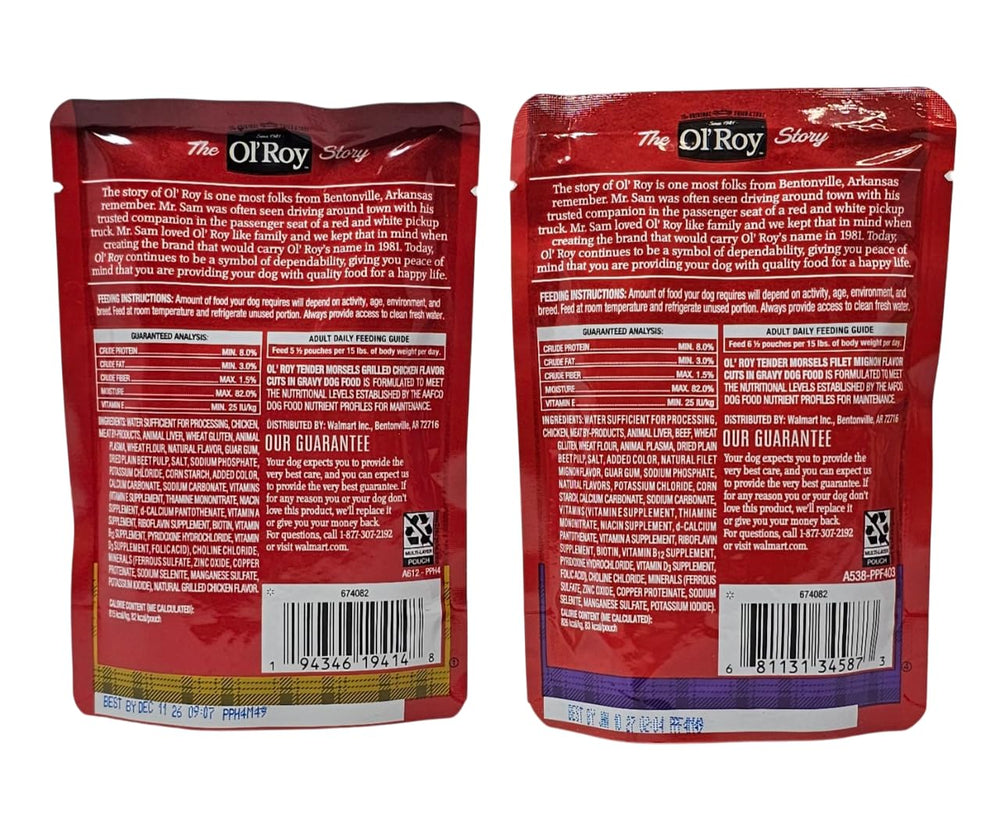 Ol' Roy chien savourant le contenu du sachet montrant acceptation