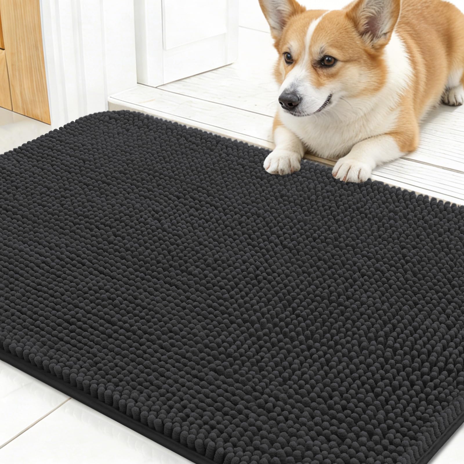 OLANLY tapis face avant montrant chenille absorbante pour entrée propre