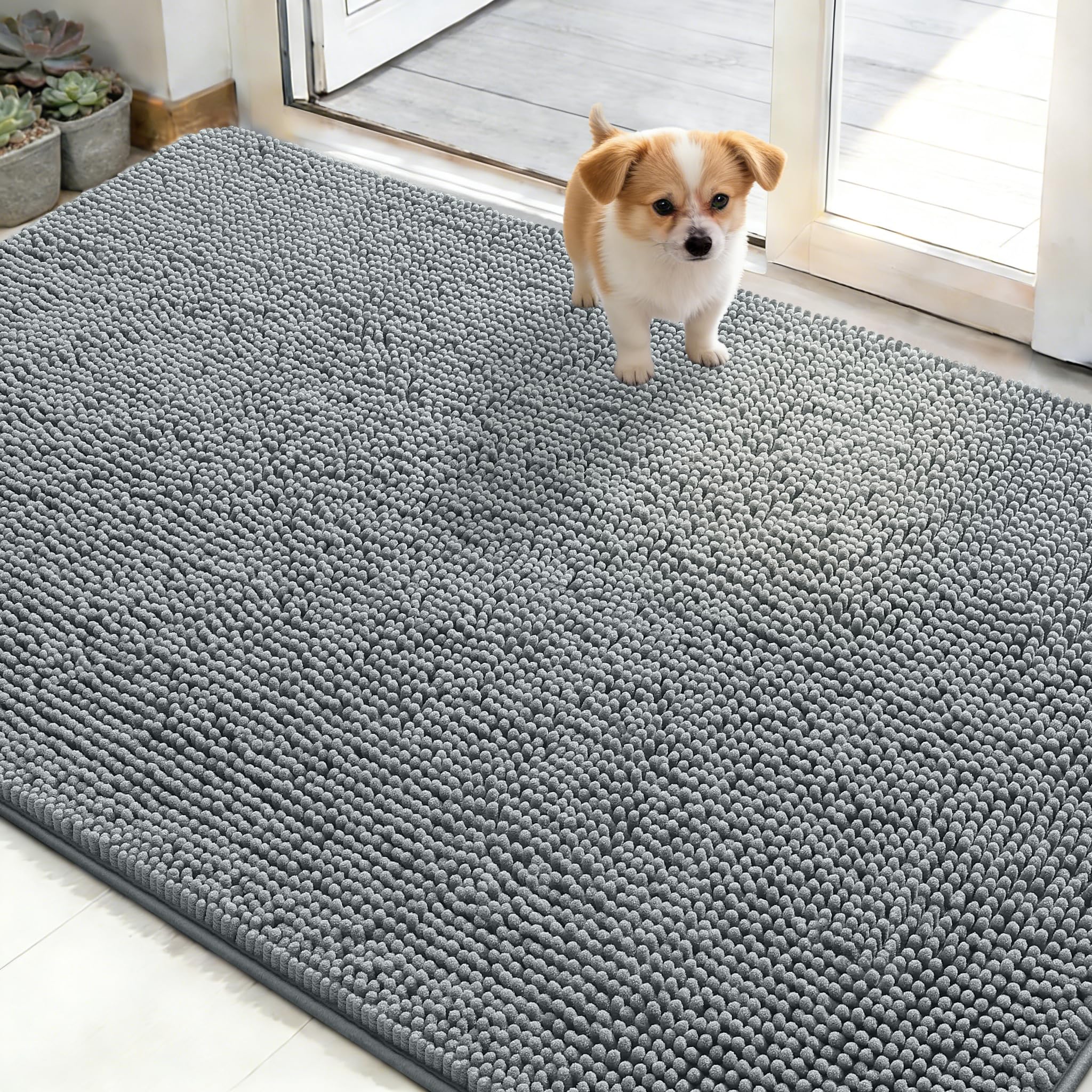 OLANLY vue face du tapis montrant design et dimensions, protège l'entrée