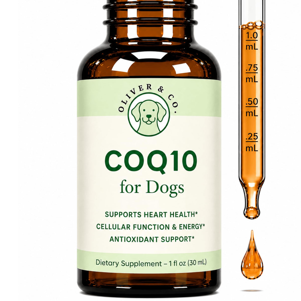 Oliver & Co. bouteille CoQ10 face montrant l'étiquette et facilité d'utilisation