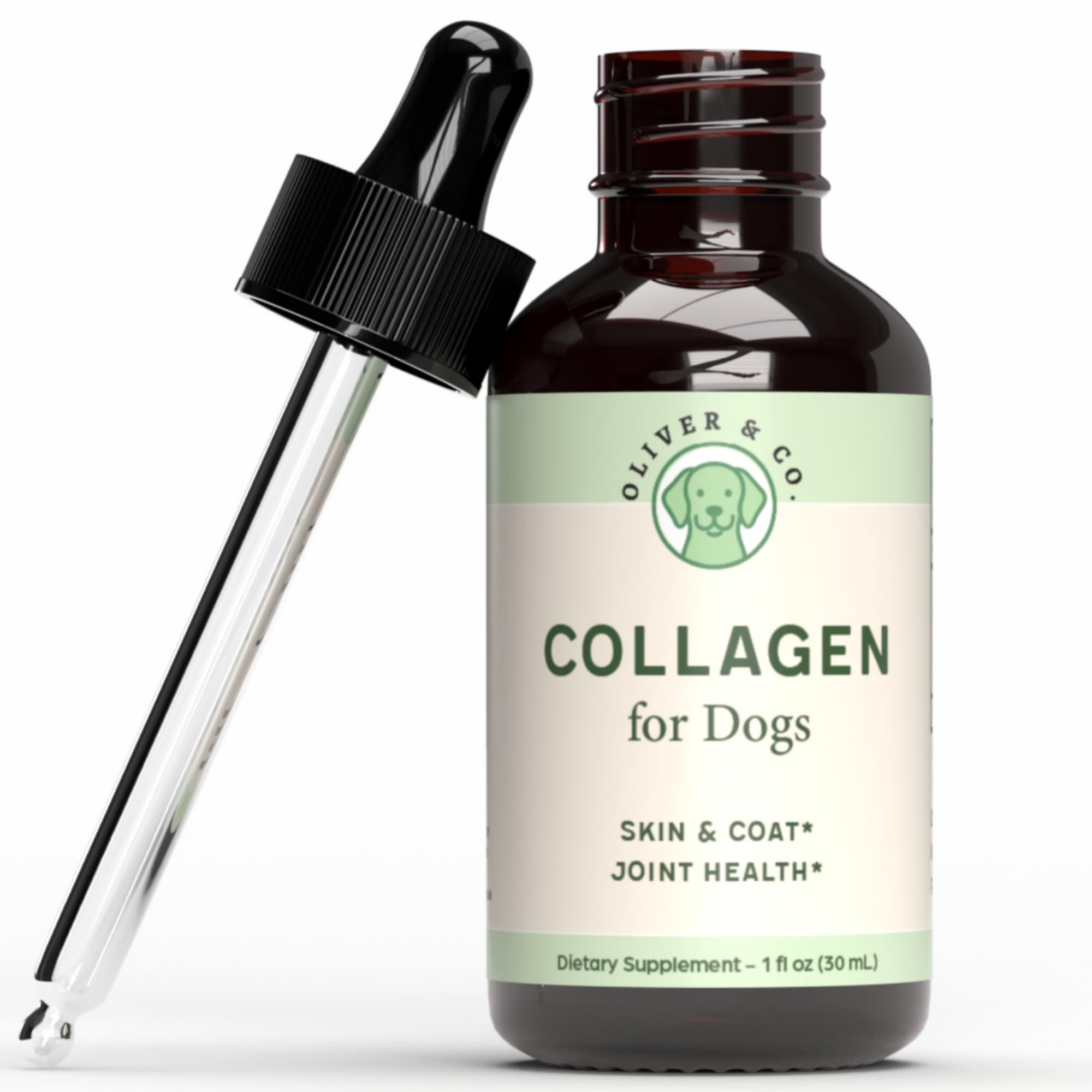 Oliver & Co. flacon Collagen for Dogs avant-plan et bénéfice dosage pratique