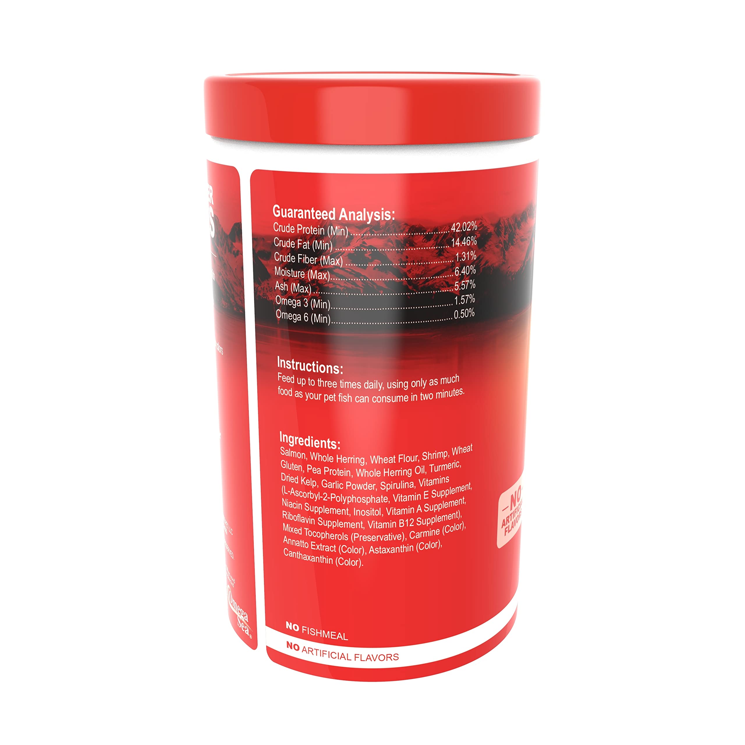 Omega One bocal ouvert révélant flocons secs, conserve fraîcheur et nutriments