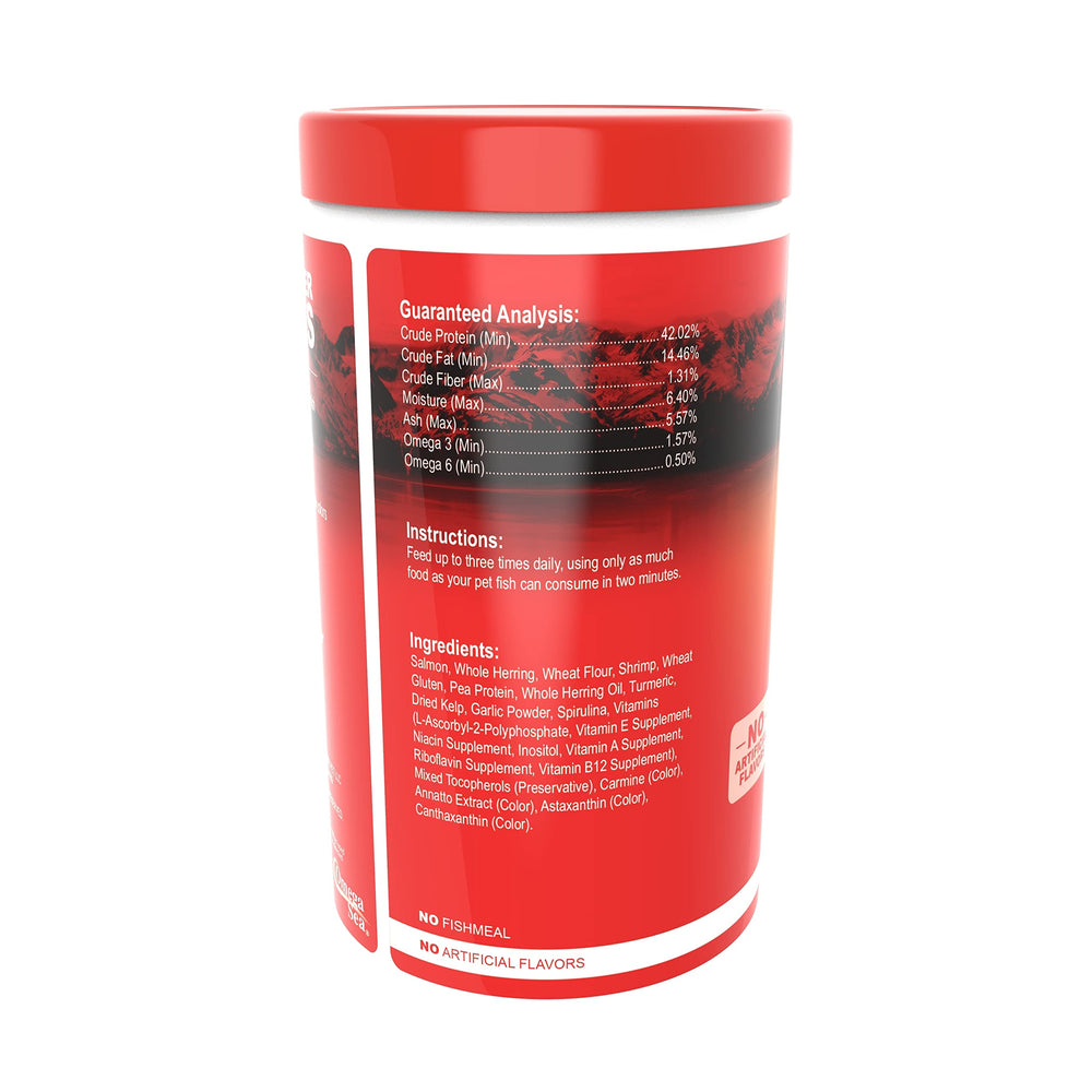Omega One bocal ouvert révélant flocons secs, conserve fraîcheur et nutriments