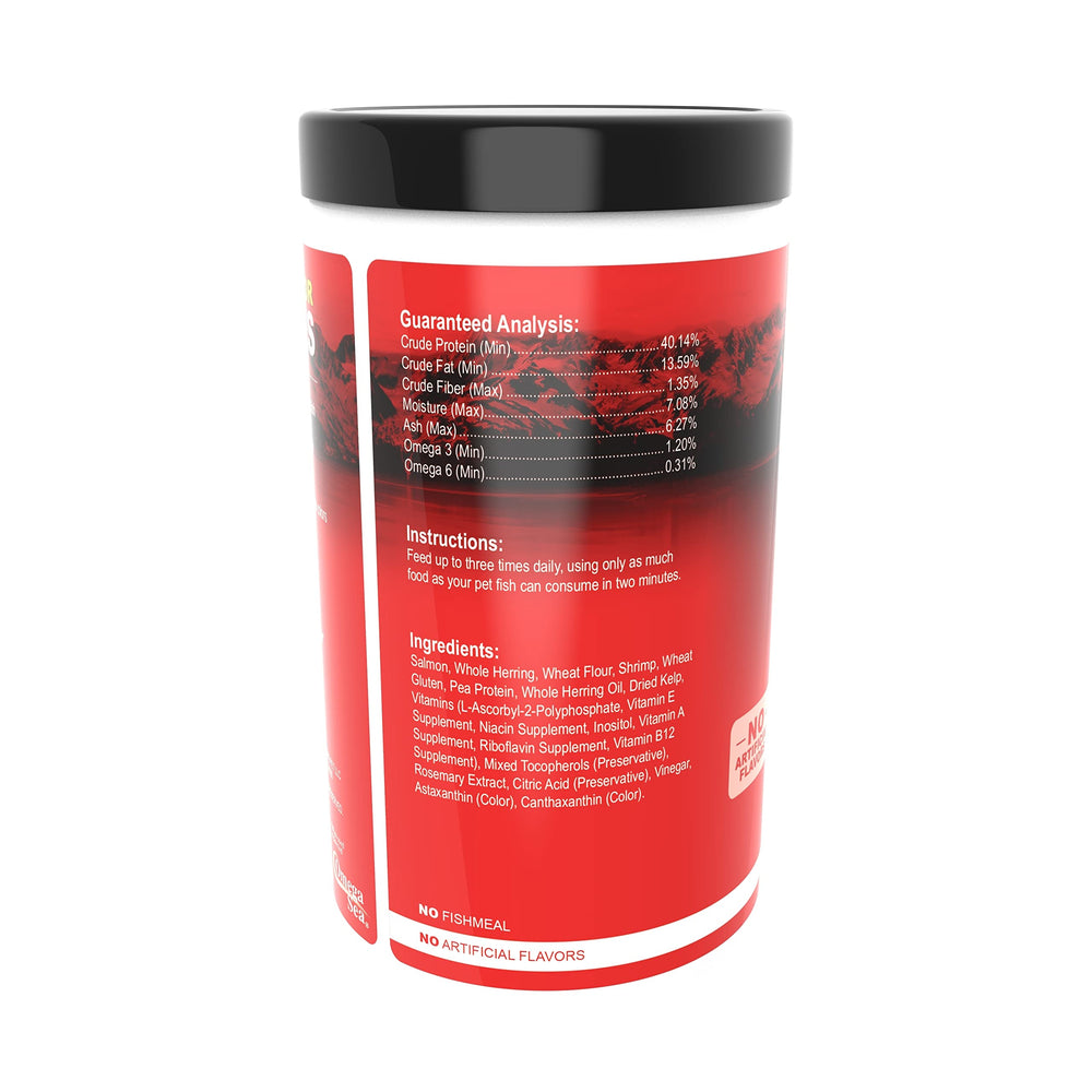 Omega One Super Color Flakes comparaison de taille des flocons facilitant le choix pour espèces