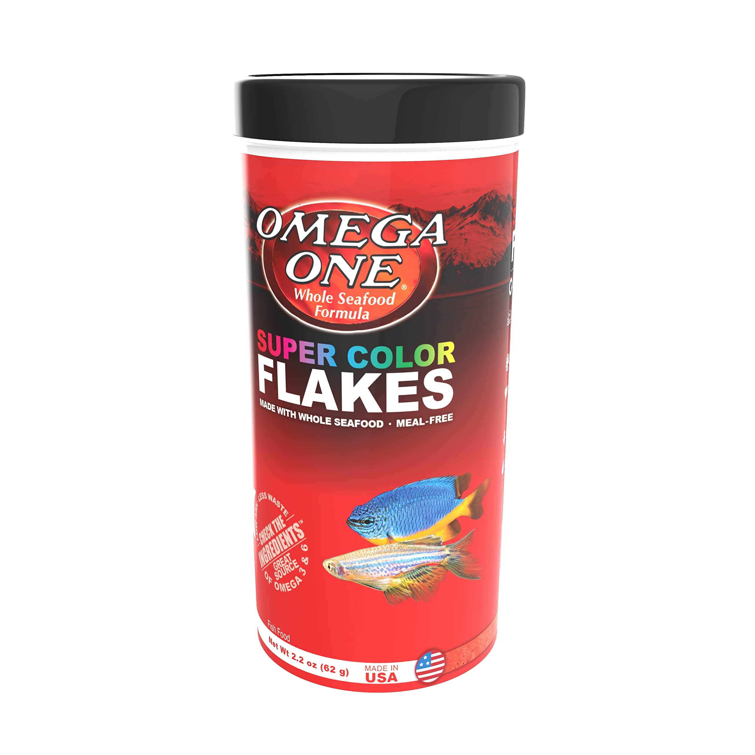 Omega One gros plan des flocons montrant texture riche et nutrition concentrée